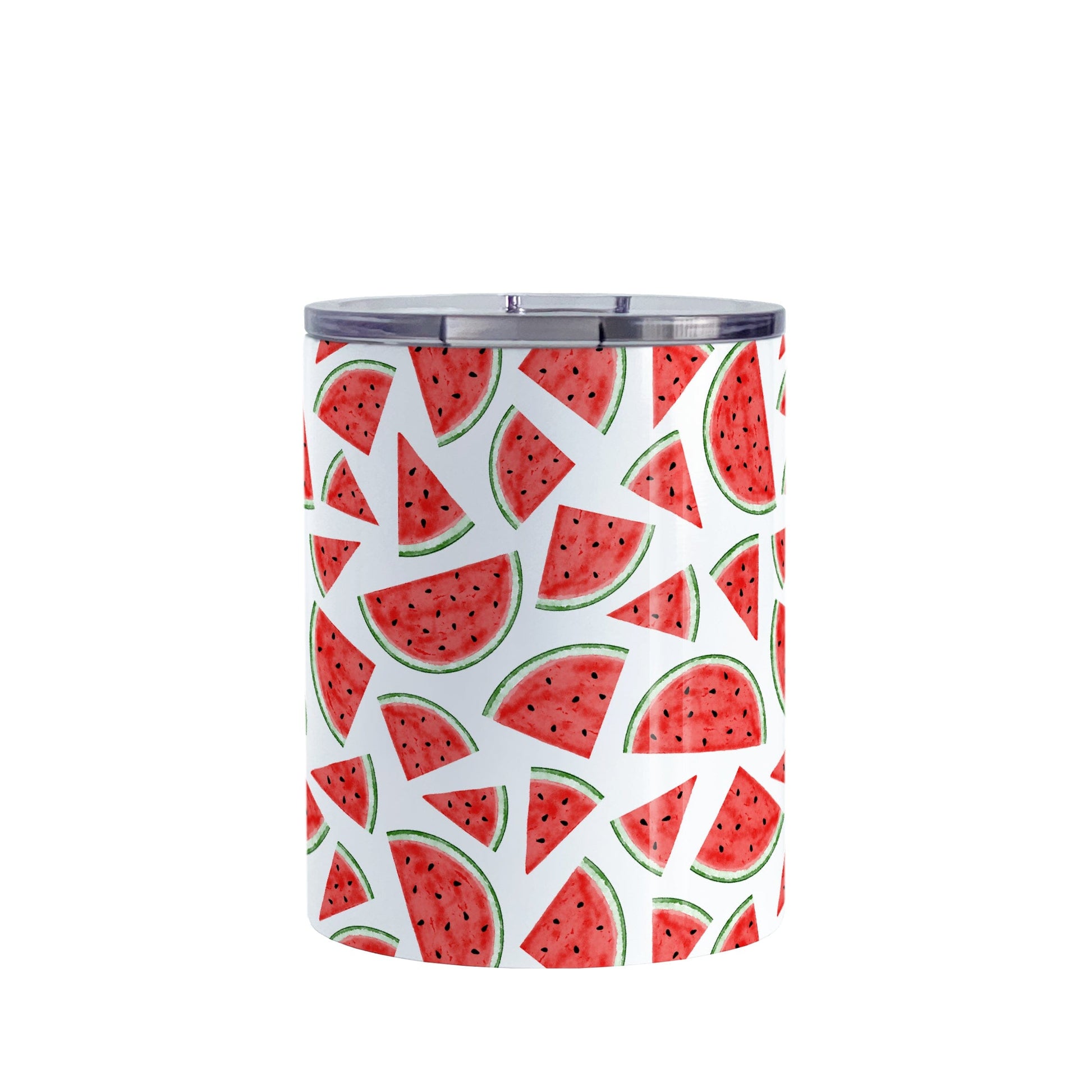 Watermelon Slices Tumbler Cup (10oz) at Amy's Coffee Mugs. A stainless steel tumbler cup with a sipping lid designed with a pattern of illustrated watermelon slices that wraps around the cup.