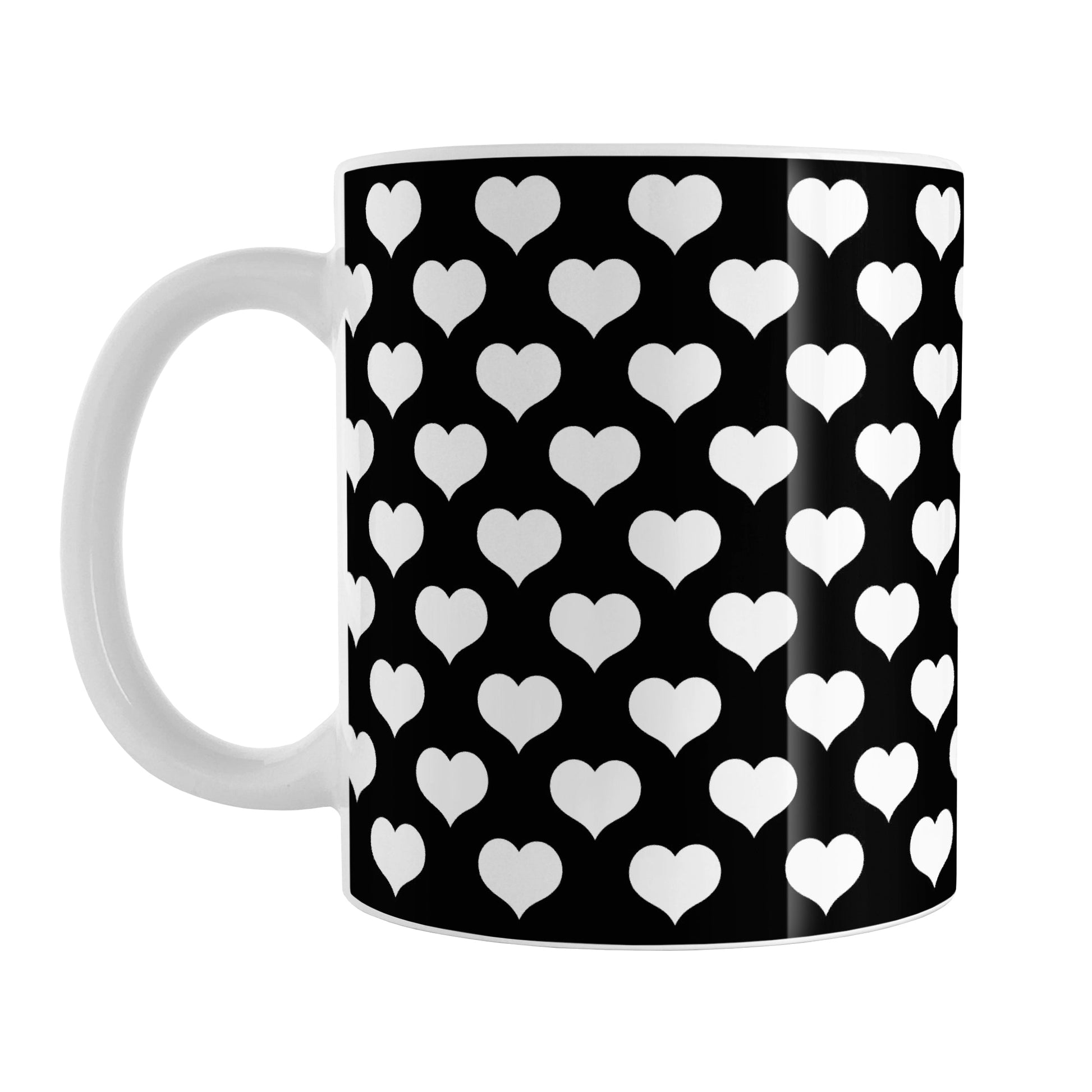 White Hearts Pattern Black Mug (11oz) at Amy's Coffee Mugs. A ceramic coffee mug designed with white hearts in a polka-dotted pattern over a black background color that wraps around the mug up to the handle.