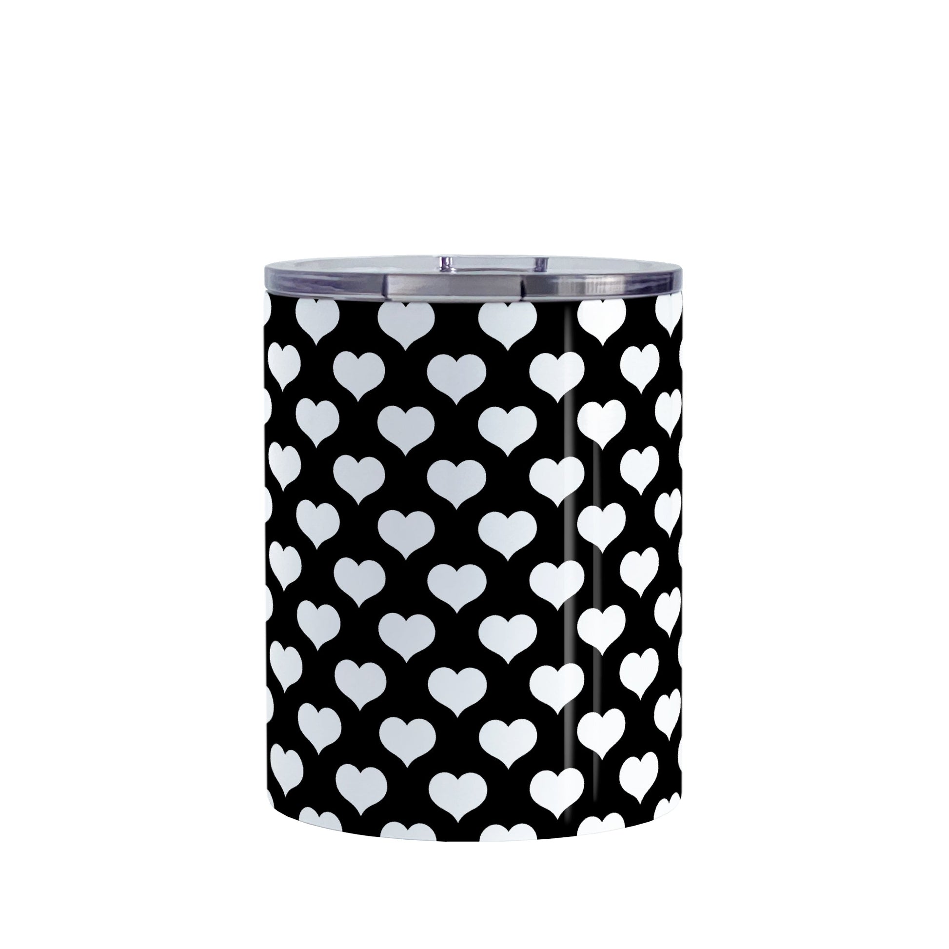 White Hearts Pattern Black Tumbler Cup (10oz, stainless steel insulated) at Amy's Coffee Mugs