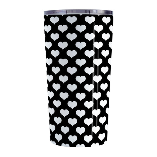 White Hearts Pattern Black Tumbler Cup (20oz, stainless steel insulated) at Amy's Coffee Mugs