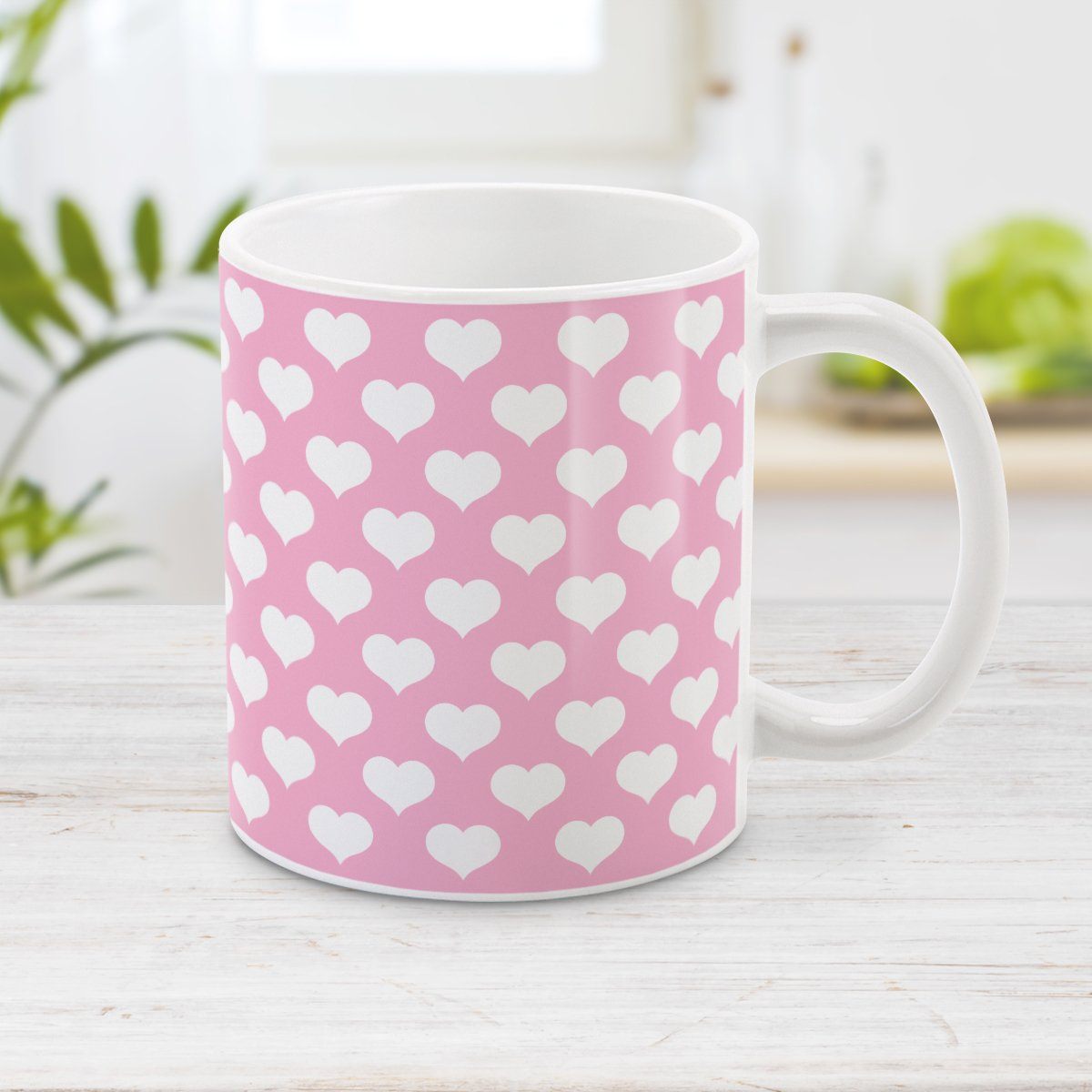 White Hearts Pattern Pink Mug at Amy's Coffee Mugs