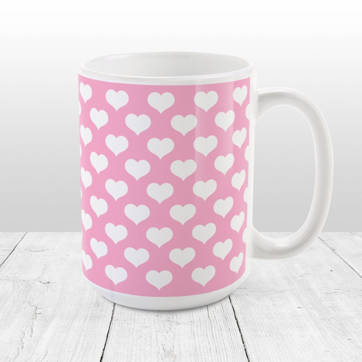White Hearts Pattern Pink Mug at Amy's Coffee Mugs