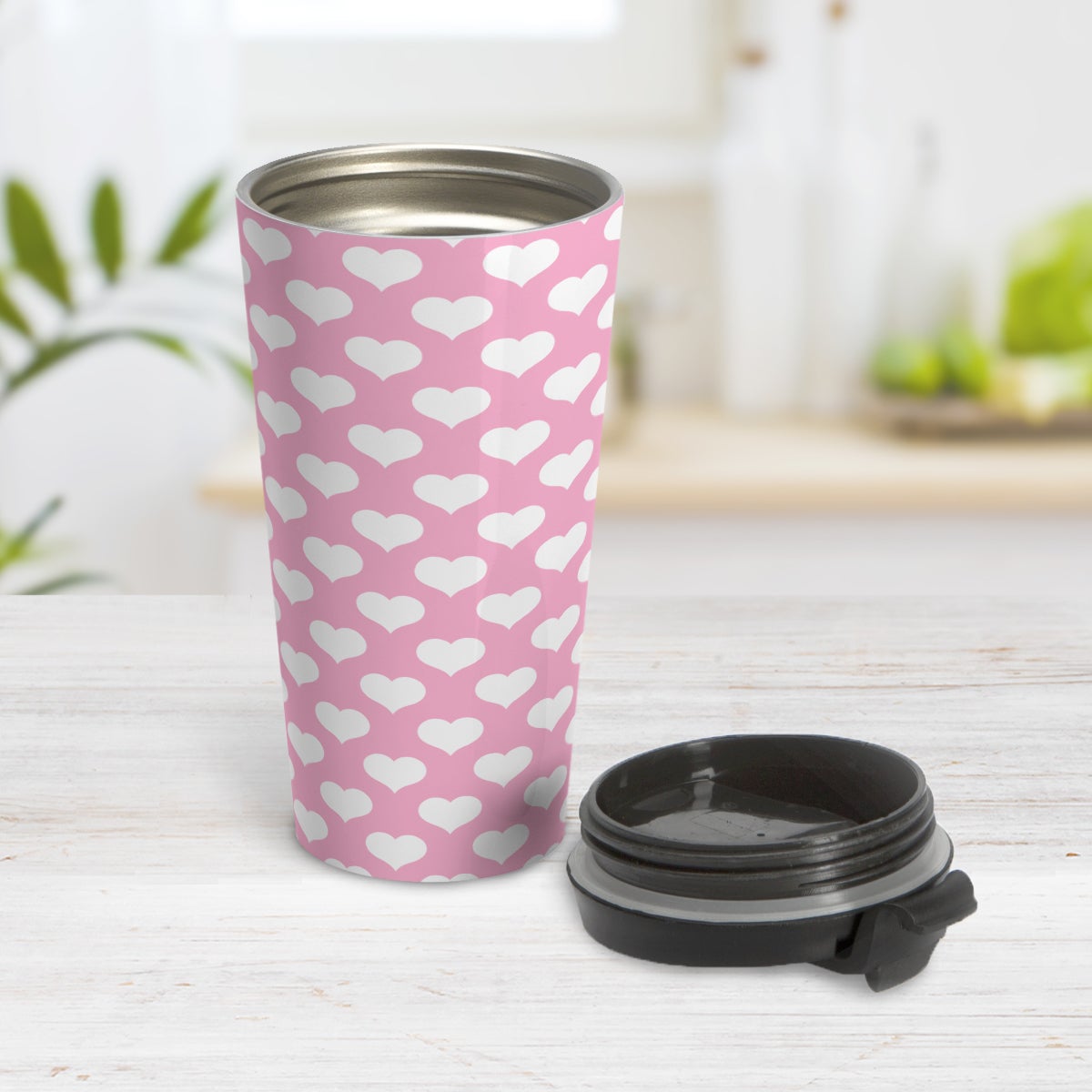White Hearts Pattern Pink Travel Mug (15oz) at Amy's Coffee Mugs