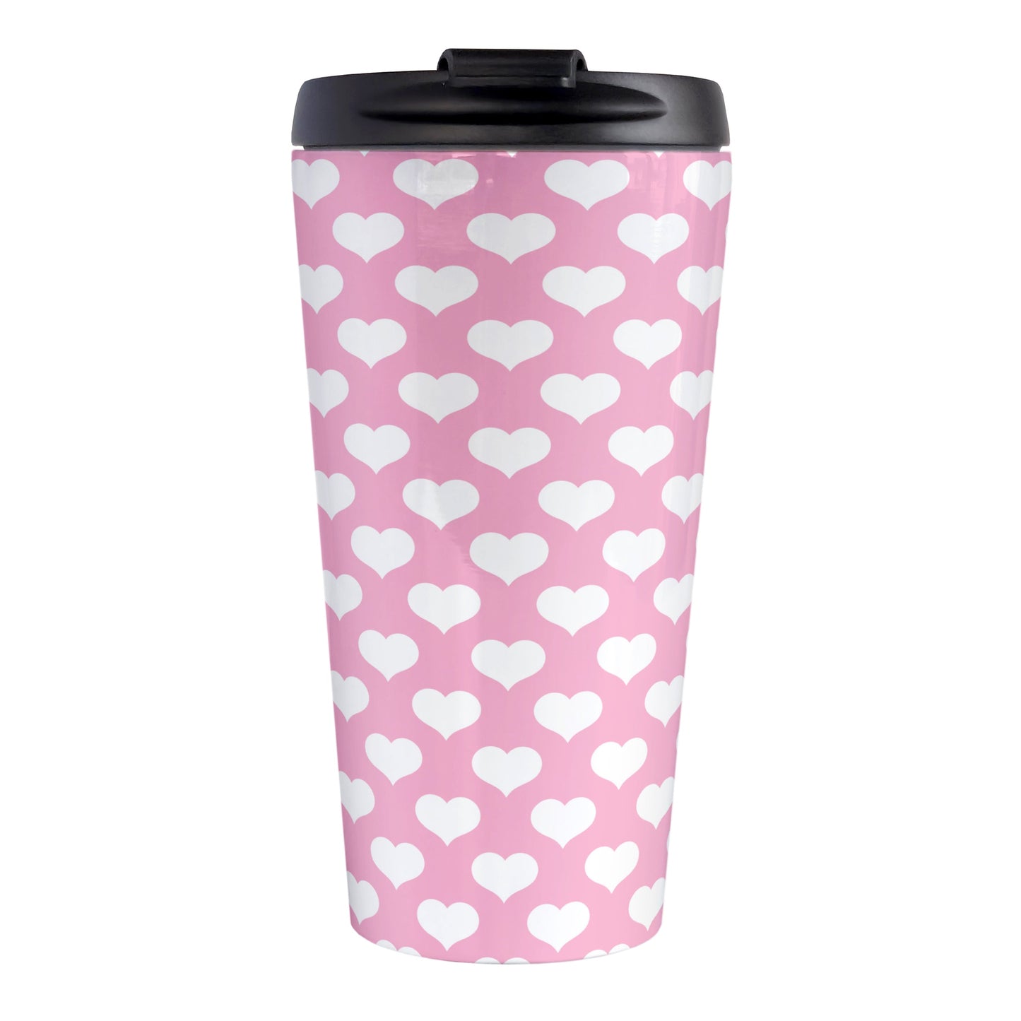 White Hearts Pattern Pink Travel Mug (15oz, stainless steel insulated) at Amy's Coffee Mugs