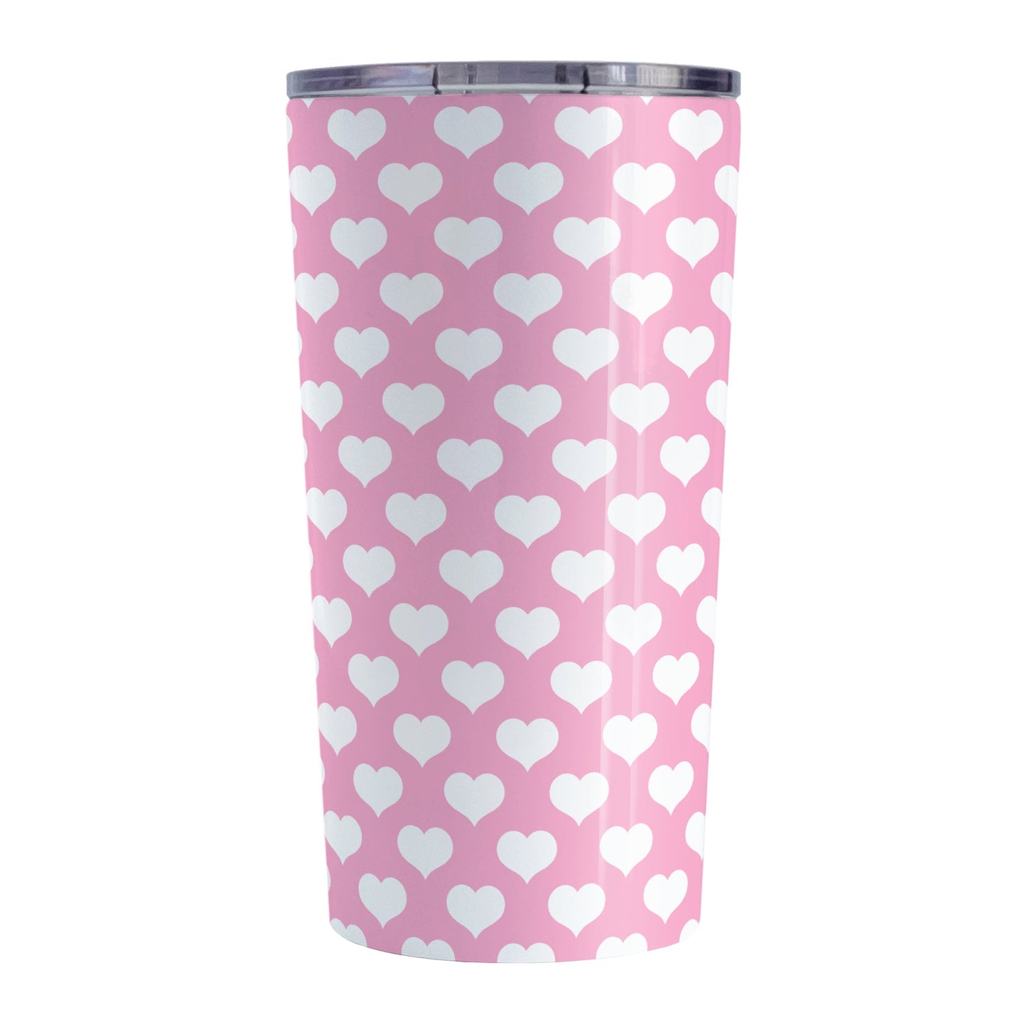White Hearts Pattern Pink Tumbler Cup (20oz, stainless steel insulated) at Amy's Coffee Mugs