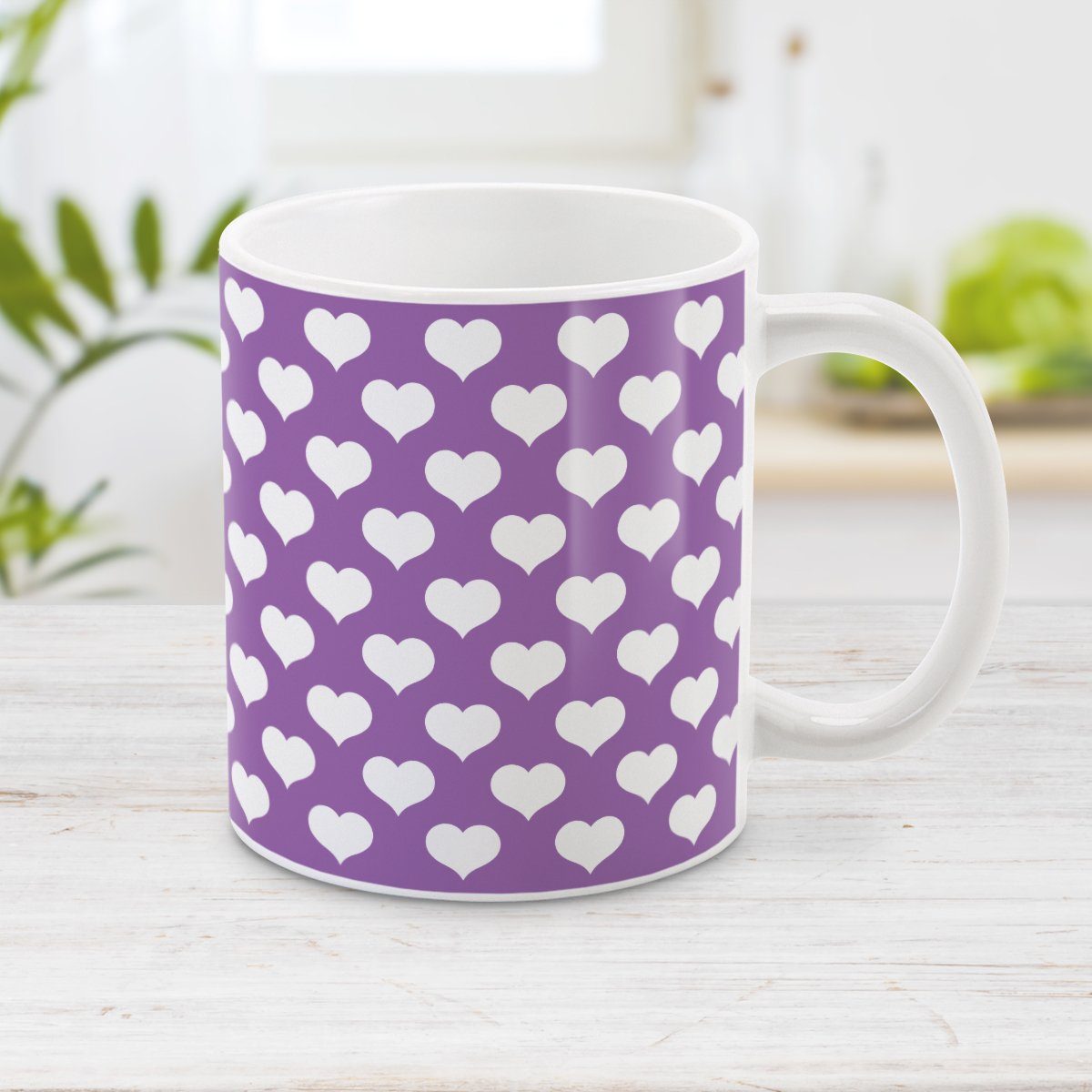 White Hearts Pattern Purple Mug at Amy's Coffee Mugs