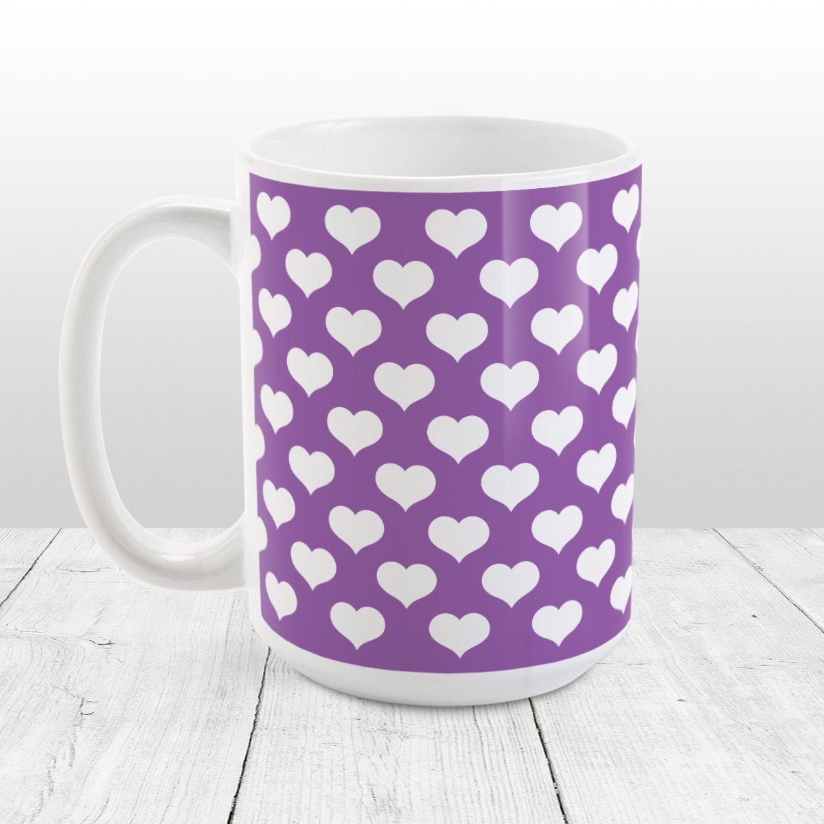 White Hearts Pattern Purple Mug at Amy's Coffee Mugs