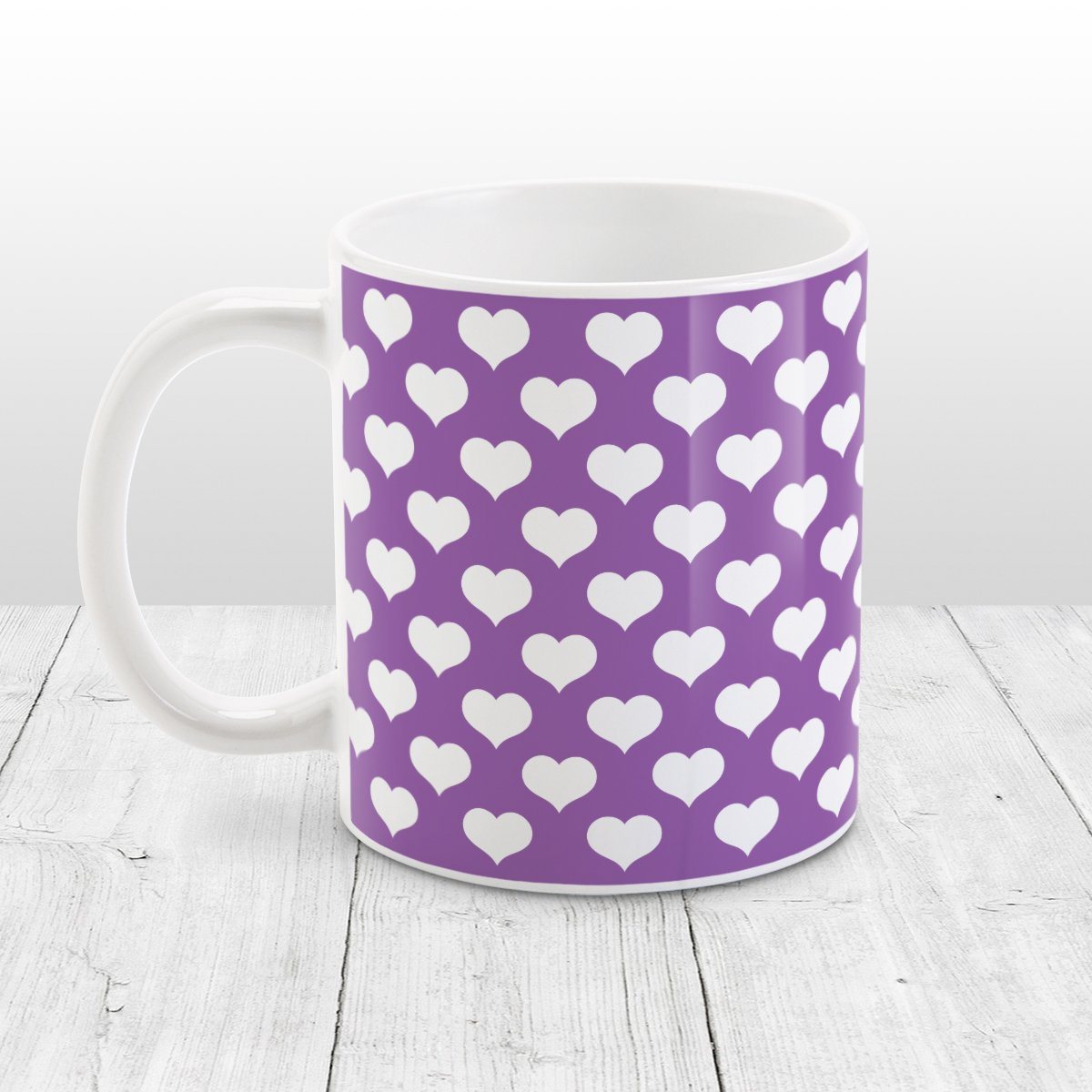 White Hearts Pattern Purple Mug at Amy's Coffee Mugs