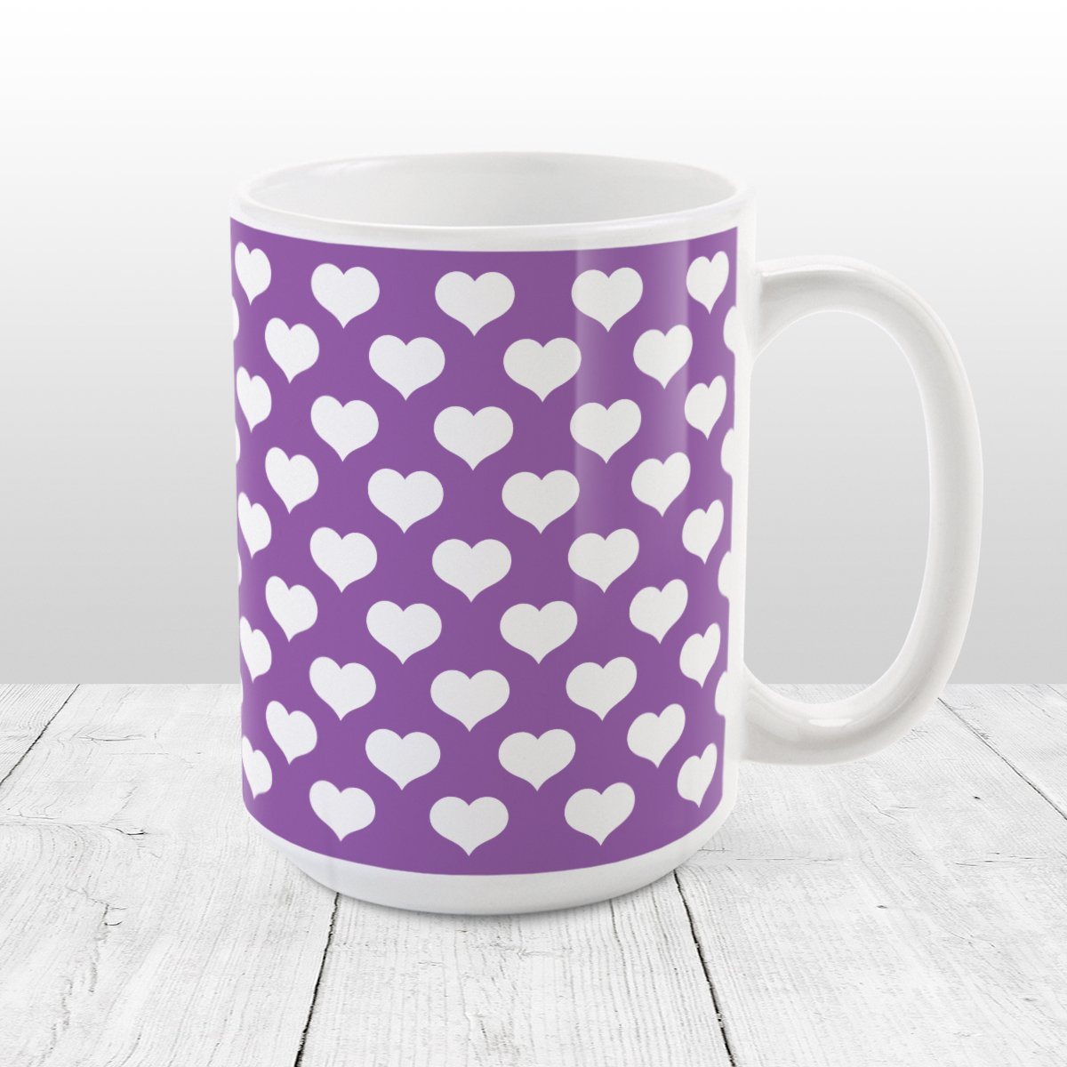 White Hearts Pattern Purple Mug at Amy's Coffee Mugs
