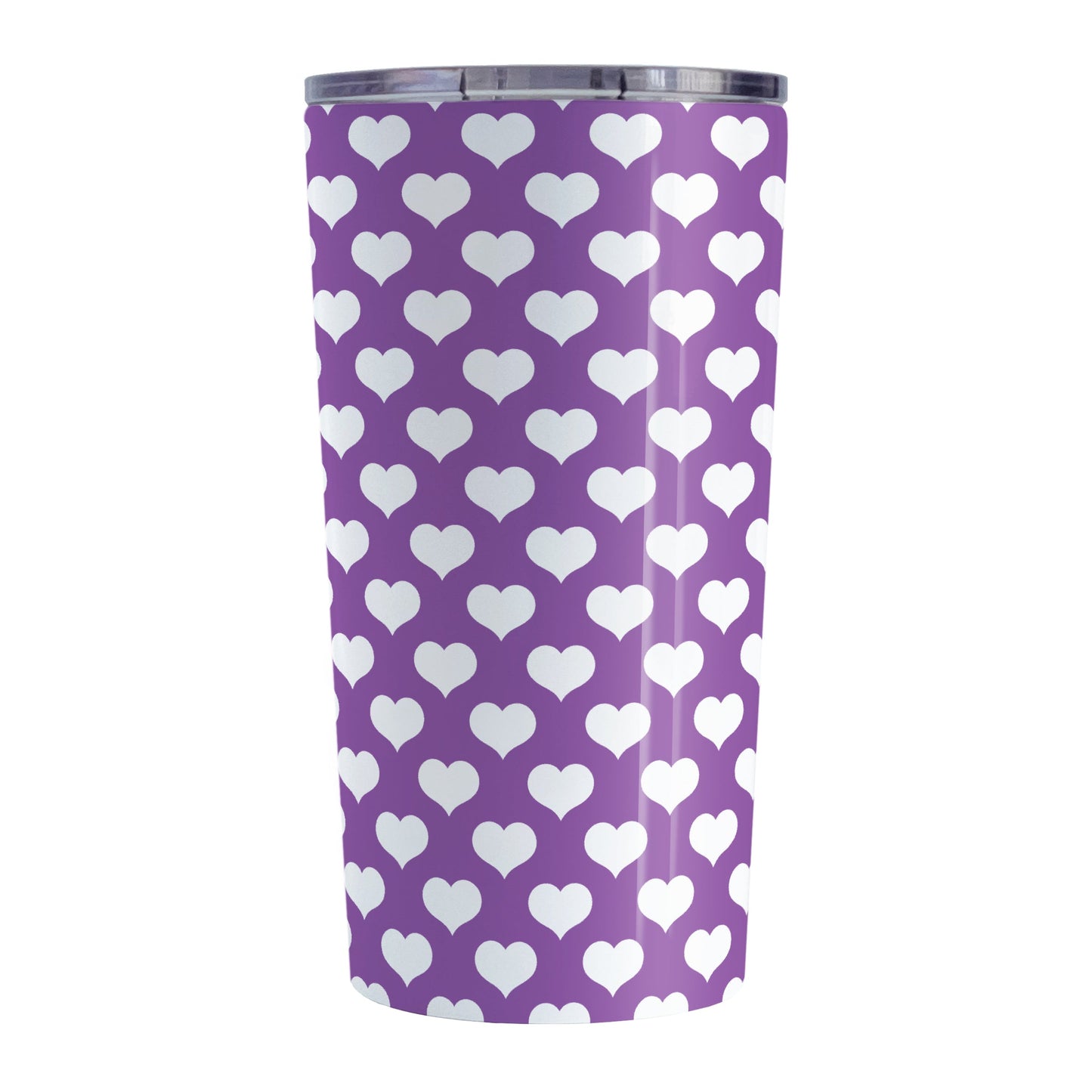 White Hearts Pattern Purple Tumbler Cup (20oz, stainless steel insulated) at Amy's Coffee Mugs