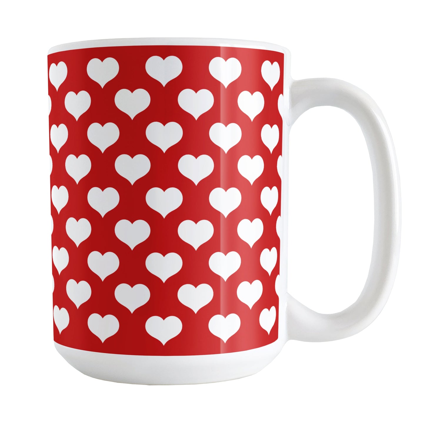 White Hearts Pattern Red Mug (15oz) at Amy's Coffee Mugs. A ceramic coffee mug designed with a pattern of big white hearts over a red background color that wraps around the mug to the handle. It's the perfect mug for anyone who loves hearts and the color red.