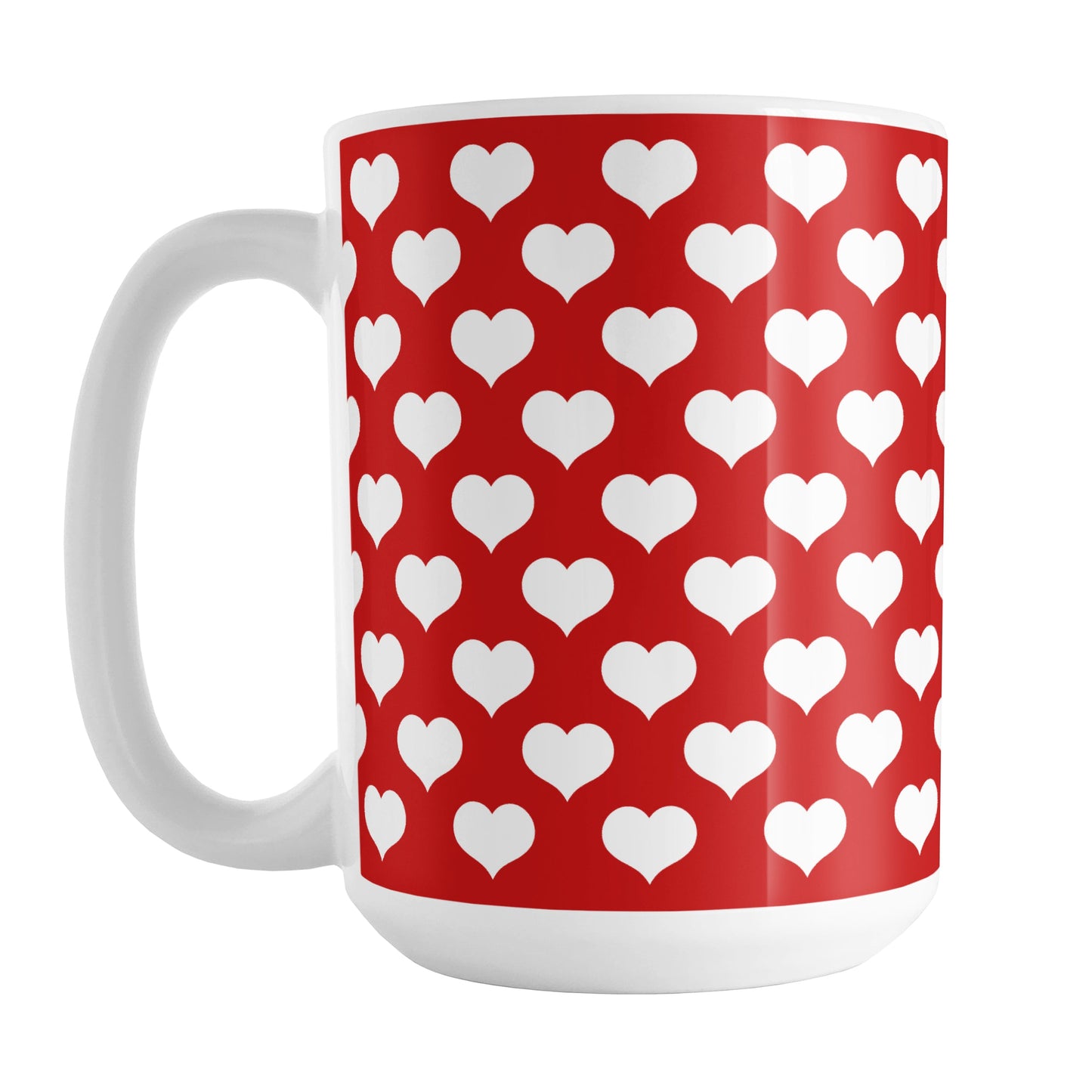 White Hearts Pattern Red Mug (15oz) at Amy's Coffee Mugs. A ceramic coffee mug designed with a pattern of big white hearts over a red background color that wraps around the mug to the handle. It's the perfect mug for anyone who loves hearts and the color red.