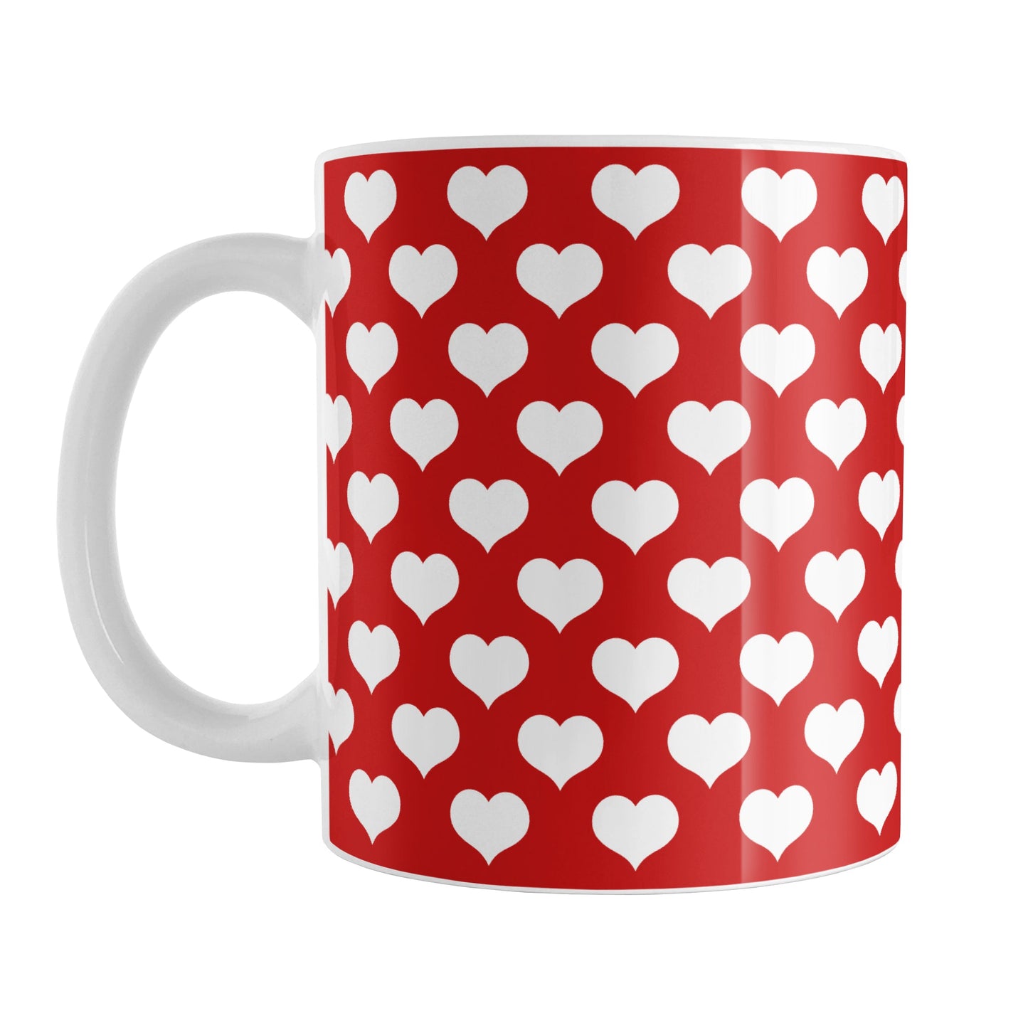 White Hearts Pattern Red Mug (11oz) at Amy's Coffee Mugs. A ceramic coffee mug designed with a pattern of big white hearts over a red background color that wraps around the mug to the handle. It's the perfect mug for anyone who loves hearts and the color red.