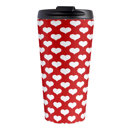 White Hearts Pattern Red Travel Mug (15oz, stainless steel insulated) at Amy's Coffee Mugs