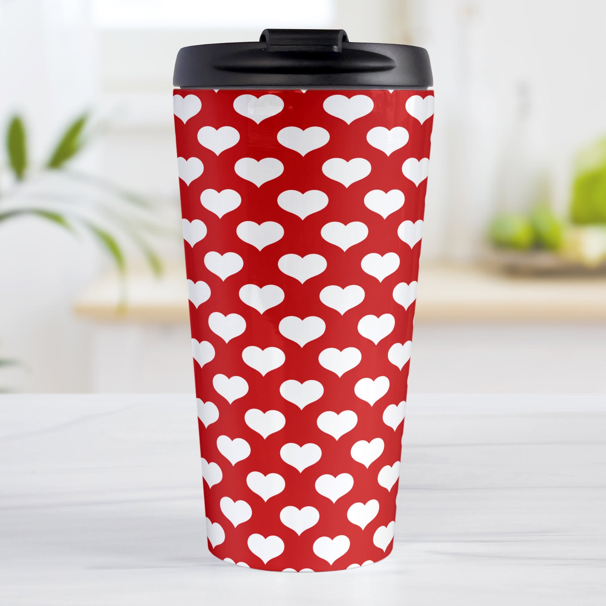 White Hearts Pattern Red Travel Mug (15oz, stainless steel insulated) at Amy's Coffee Mugs