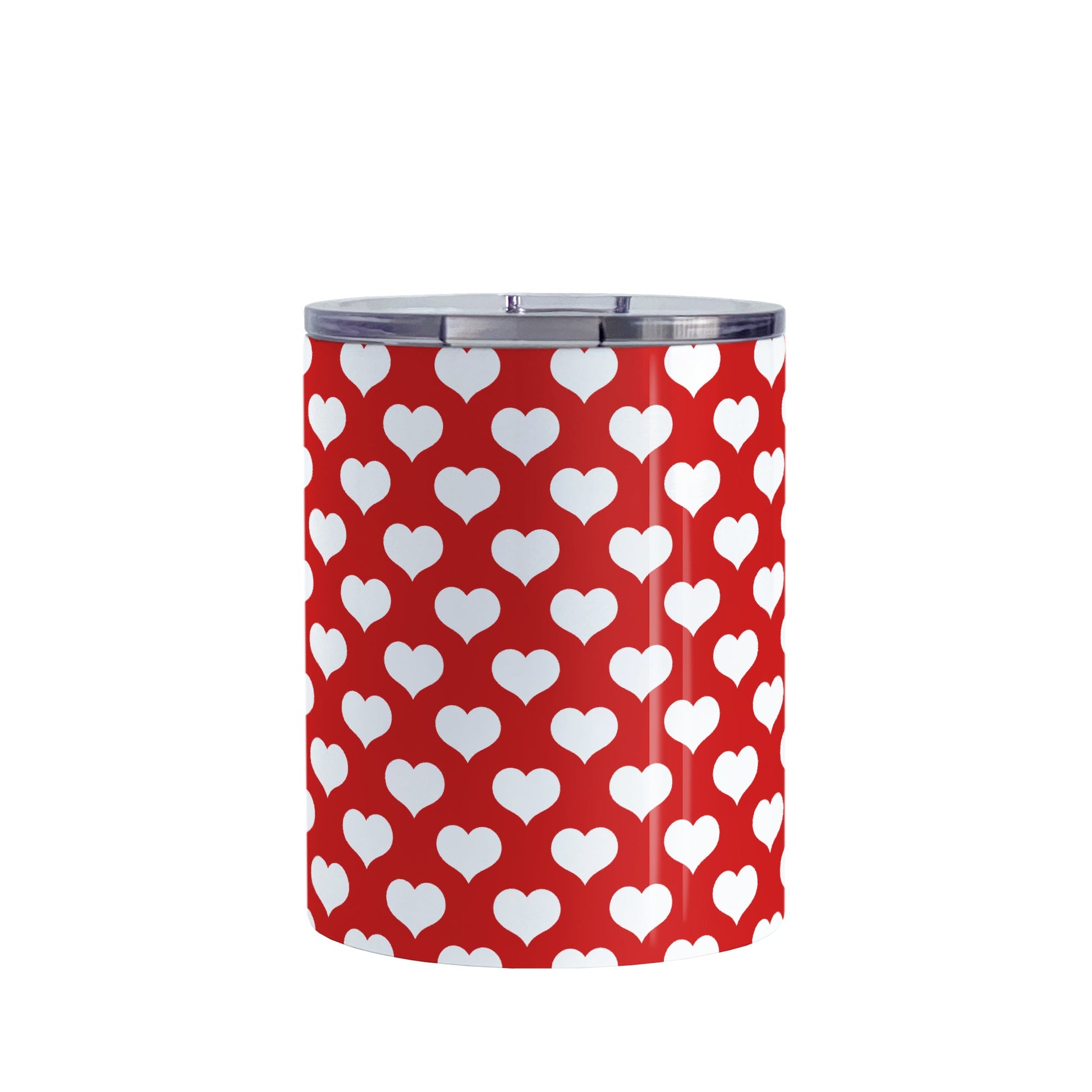 White Hearts Pattern Red Tumbler Cup (10oz, stainless steel insulated) at Amy's Coffee Mugs. A tumbler cup designed with white hearts in a polka-dotted style pattern over a red background color that wraps around the cup.