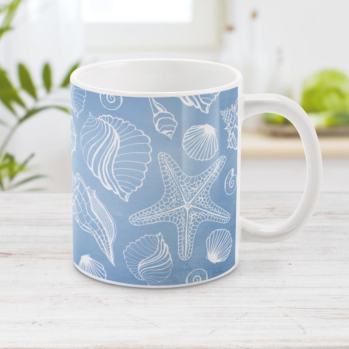 Blue Beach Mug - White Seashell Pattern Blue Beach Mug at Amy's Coffee Mugs