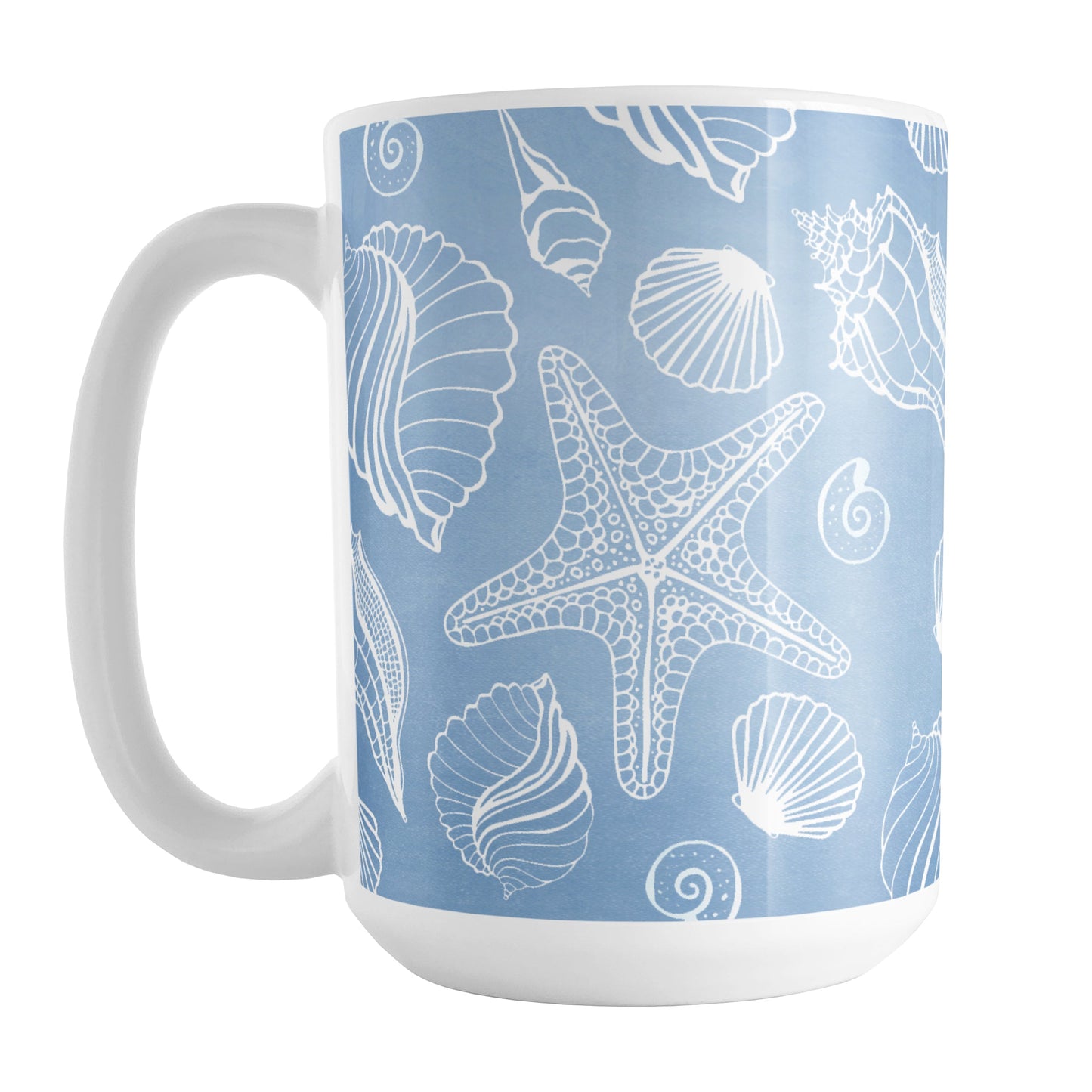 White Seashell Pattern Blue Beach Mug (15oz) at Amy's Coffee Mugs