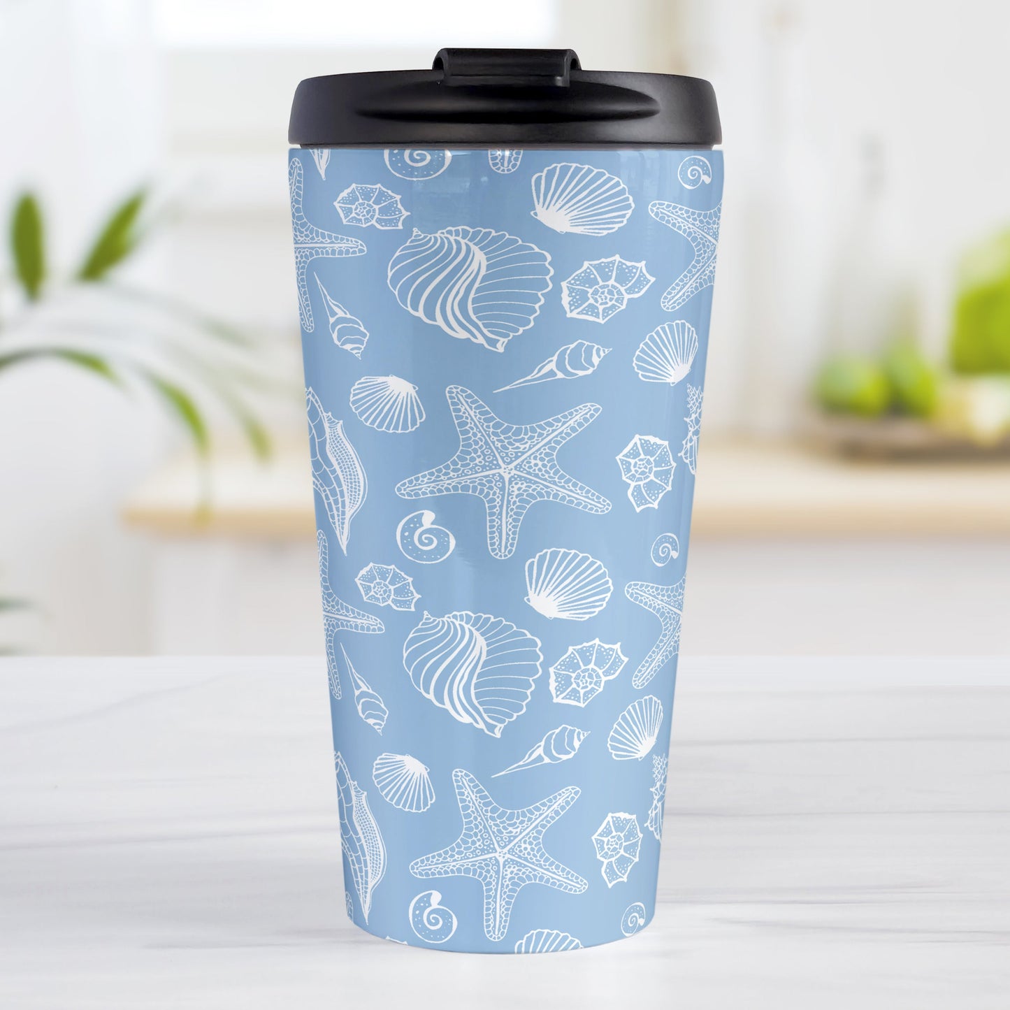 White Seashell Pattern Blue Beach Travel Mug (15oz, stainless steel insulated) at Amy's Coffee Mugs