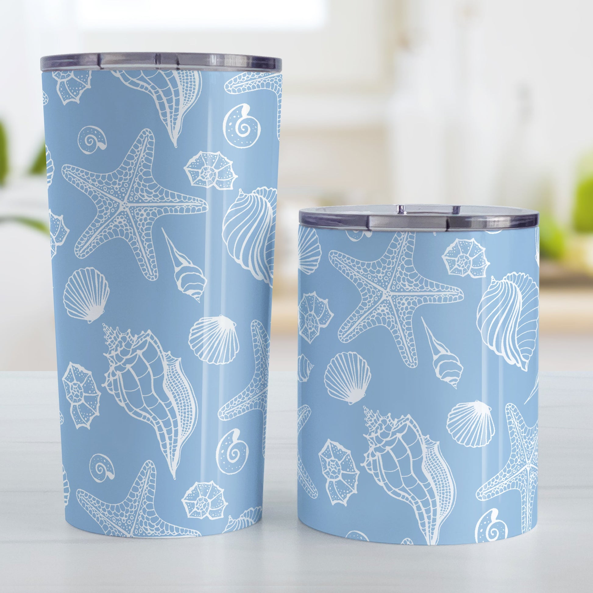 White Seashell Pattern Blue Beach Tumbler Cup (20oz and 10oz, stainless steel insulated) at Amy's Coffee Mugs