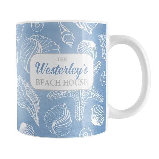 White Seashell Pattern Blue - Personalized Beach Mug (11oz) at Amy's Coffee Mugs