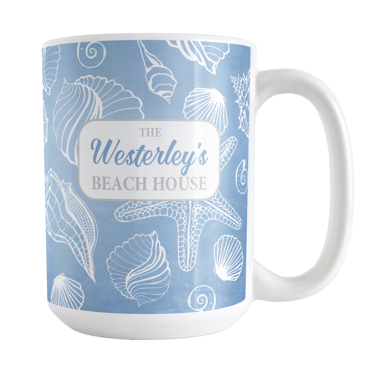 White Seashell Pattern Blue - Personalized Beach Mug (15oz) at Amy's Coffee Mugs