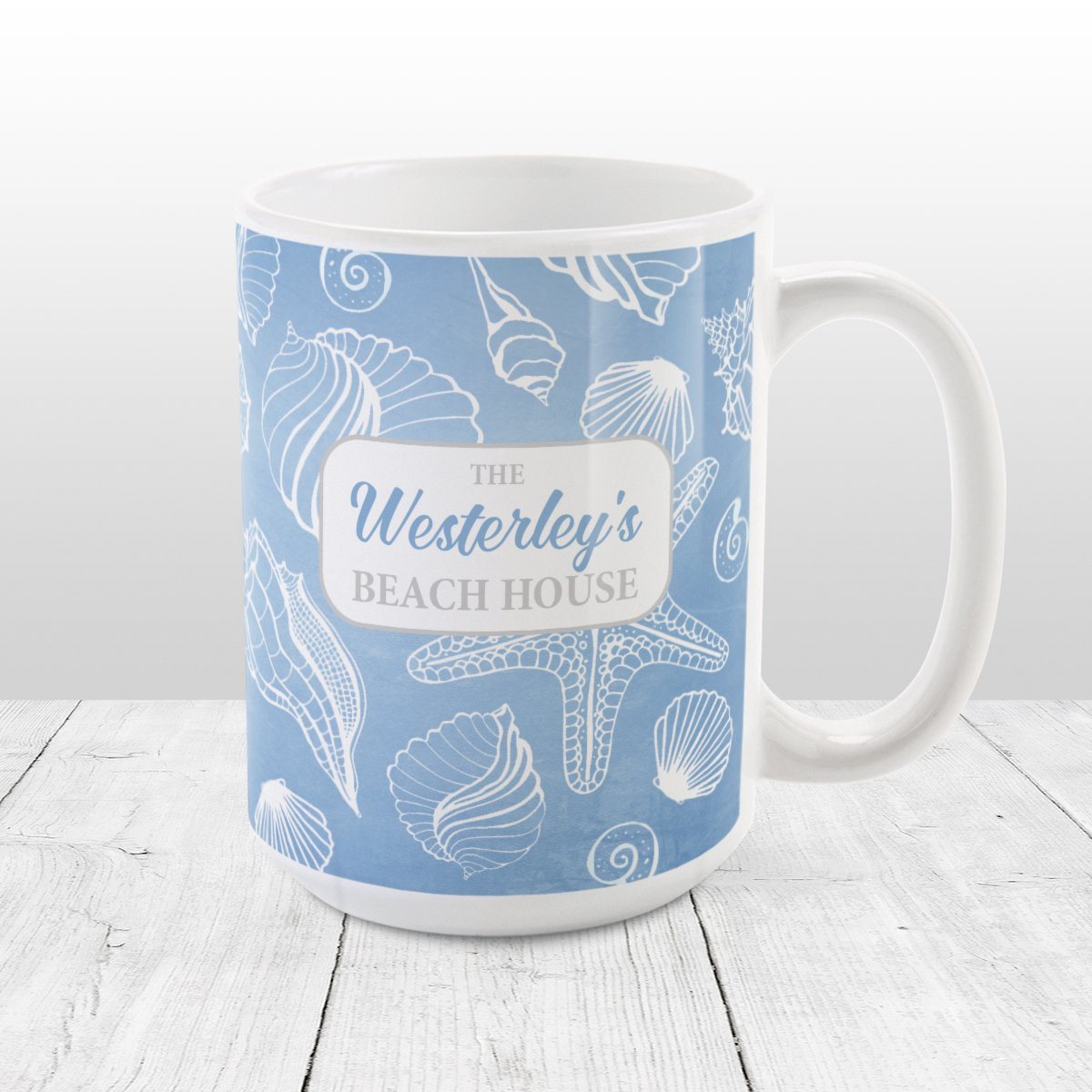 White Seashell Pattern Blue - Personalized Beach Mug at Amy's Coffee Mugs