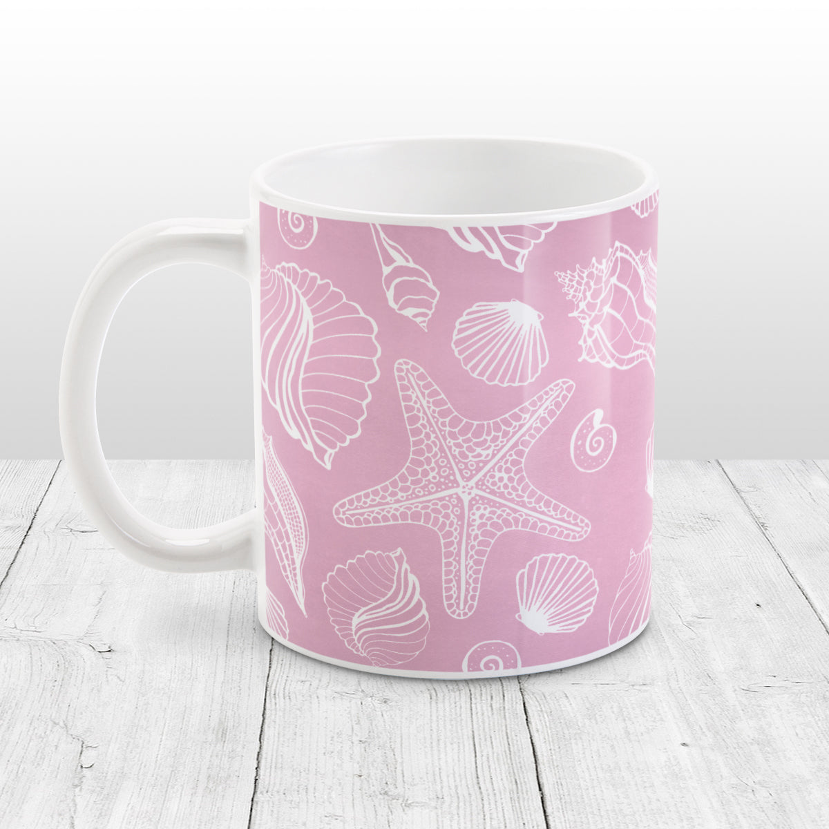 White Seashell Pattern Pink Beach Mug (11oz) at Amy's Coffee Mugs