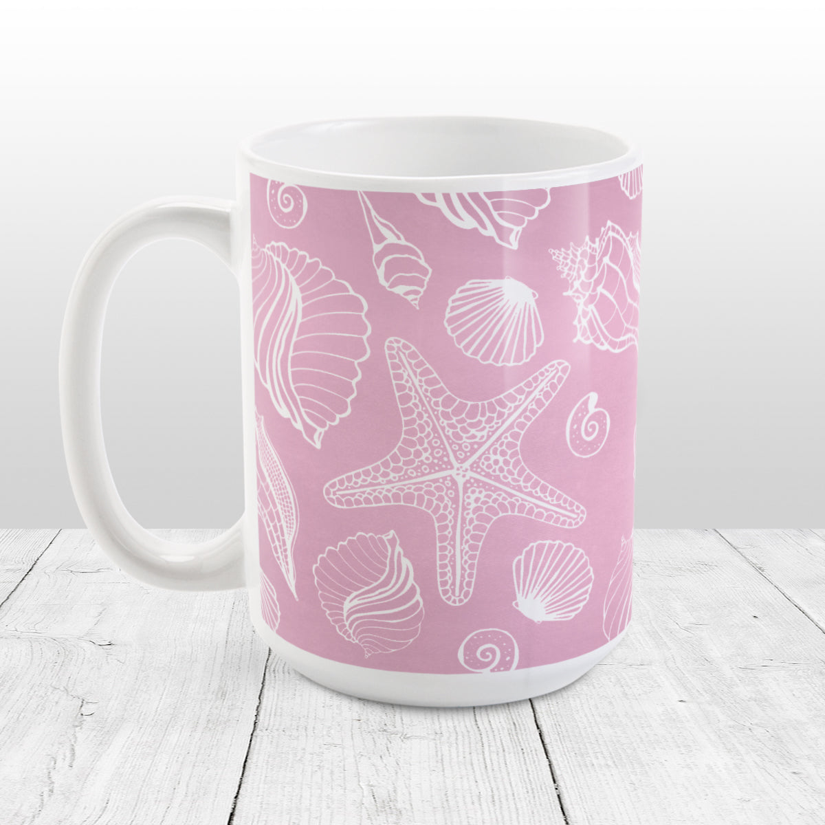 White Seashell Pattern Pink Beach Mug (15oz) at Amy's Coffee Mugs