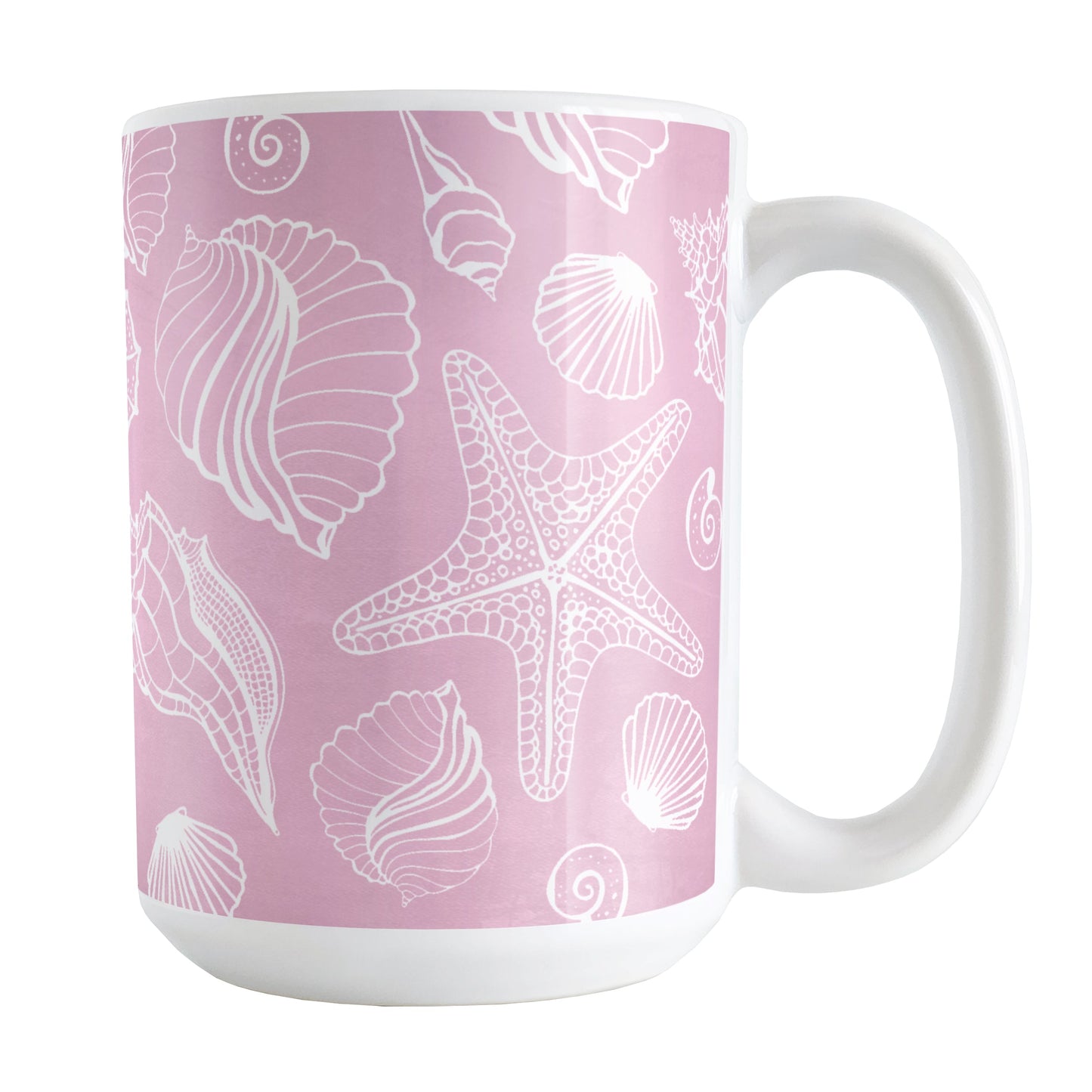 White Seashell Pattern Pink Beach Mug (15oz) at Amy's Coffee Mugs. A ceramic coffee mug designed with a pattern of white seashell line drawings over a pink background that wraps around the mug up to the handle.