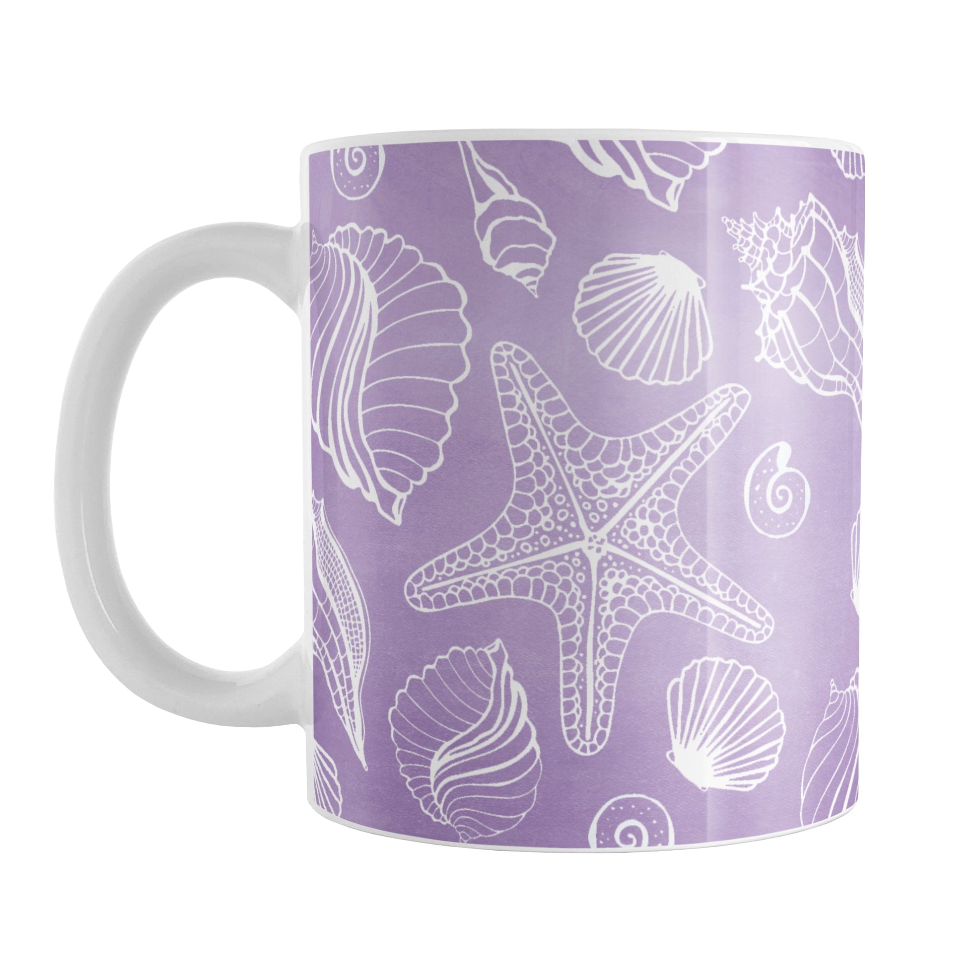 White Seashell Pattern Purple Beach Mug (11oz) at Amy's Coffee Mugs