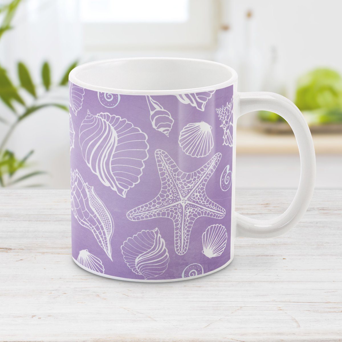 Purple Beach Mug - White Seashell Pattern Purple Beach Mug at Amy's Coffee Mugs