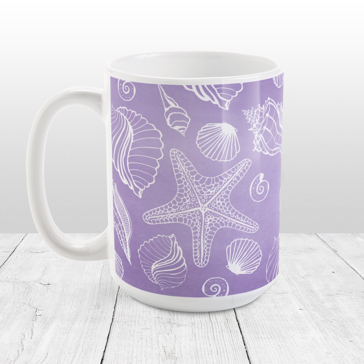 Purple Beach Mug - White Seashell Pattern Purple Beach Mug at Amy's Coffee Mugs