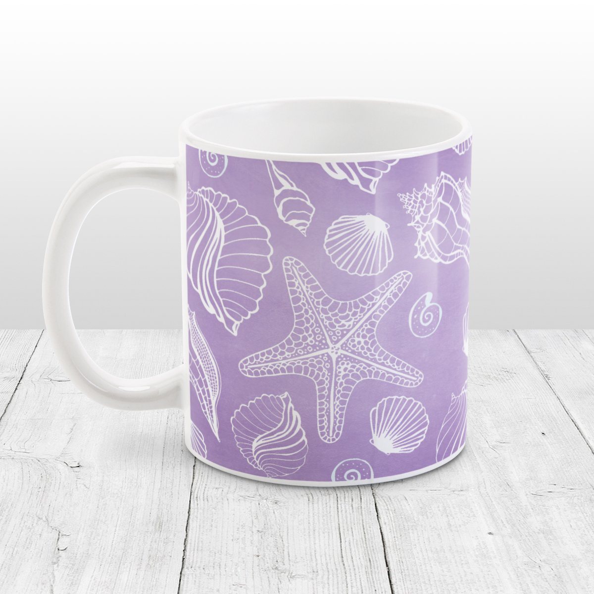 Purple Beach Mug - White Seashell Pattern Purple Beach Mug at Amy's Coffee Mugs