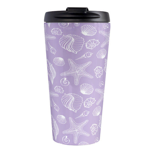 White Seashell Pattern Purple Beach Travel Mug (15oz, stainless steel insulated) at Amy's Coffee Mugs