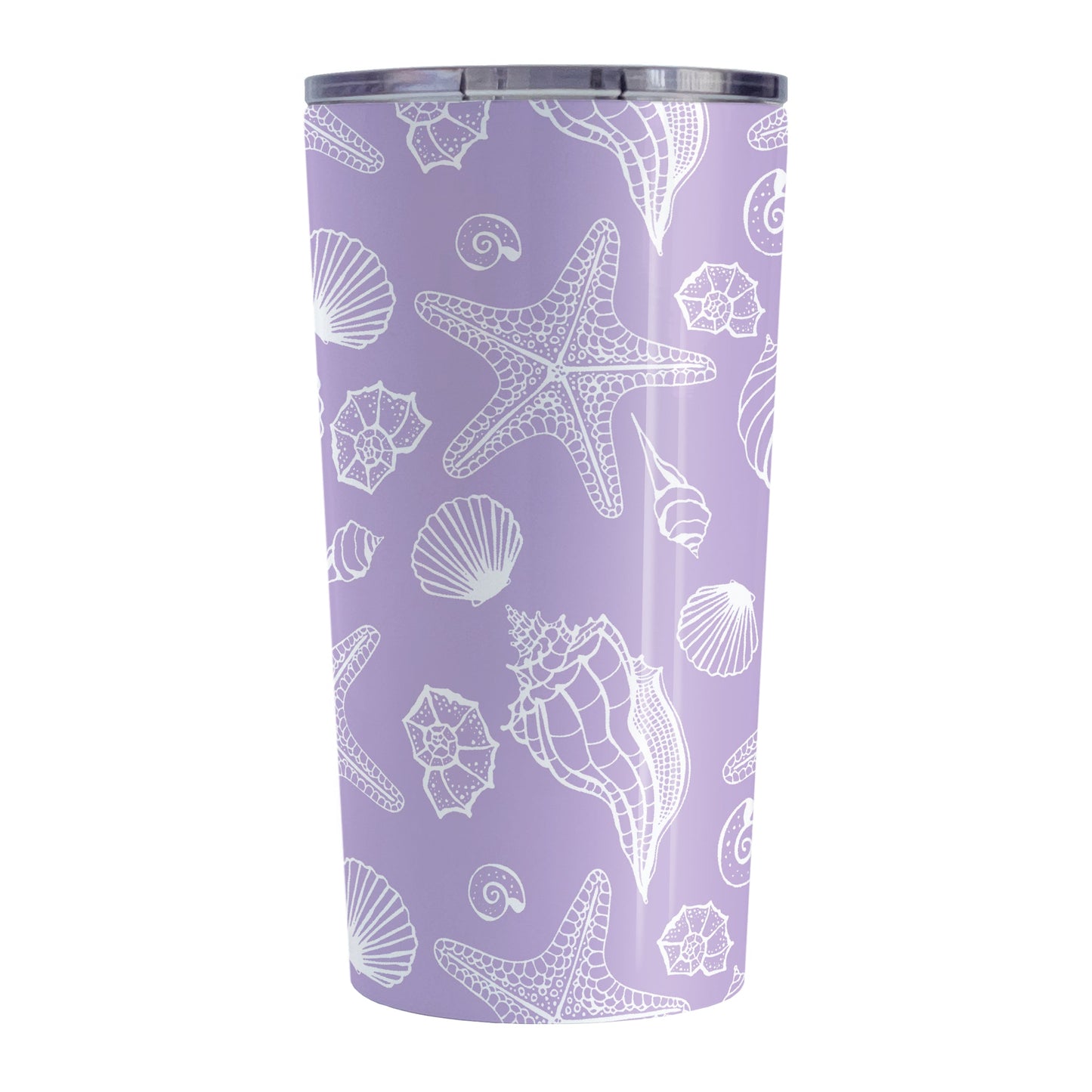 White Seashell Pattern Purple Beach Tumbler Cup (20oz, stainless steel insulated) at Amy's Coffee Mugs. A tumbler cup designed with a white seashell line drawing pattern over a purple background that wraps around the cup.