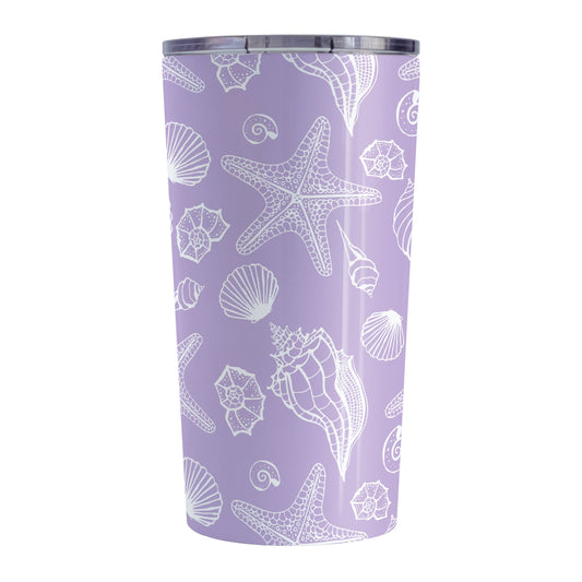 White Seashell Pattern Purple Beach Tumbler Cup (20oz, stainless steel insulated) at Amy's Coffee Mugs