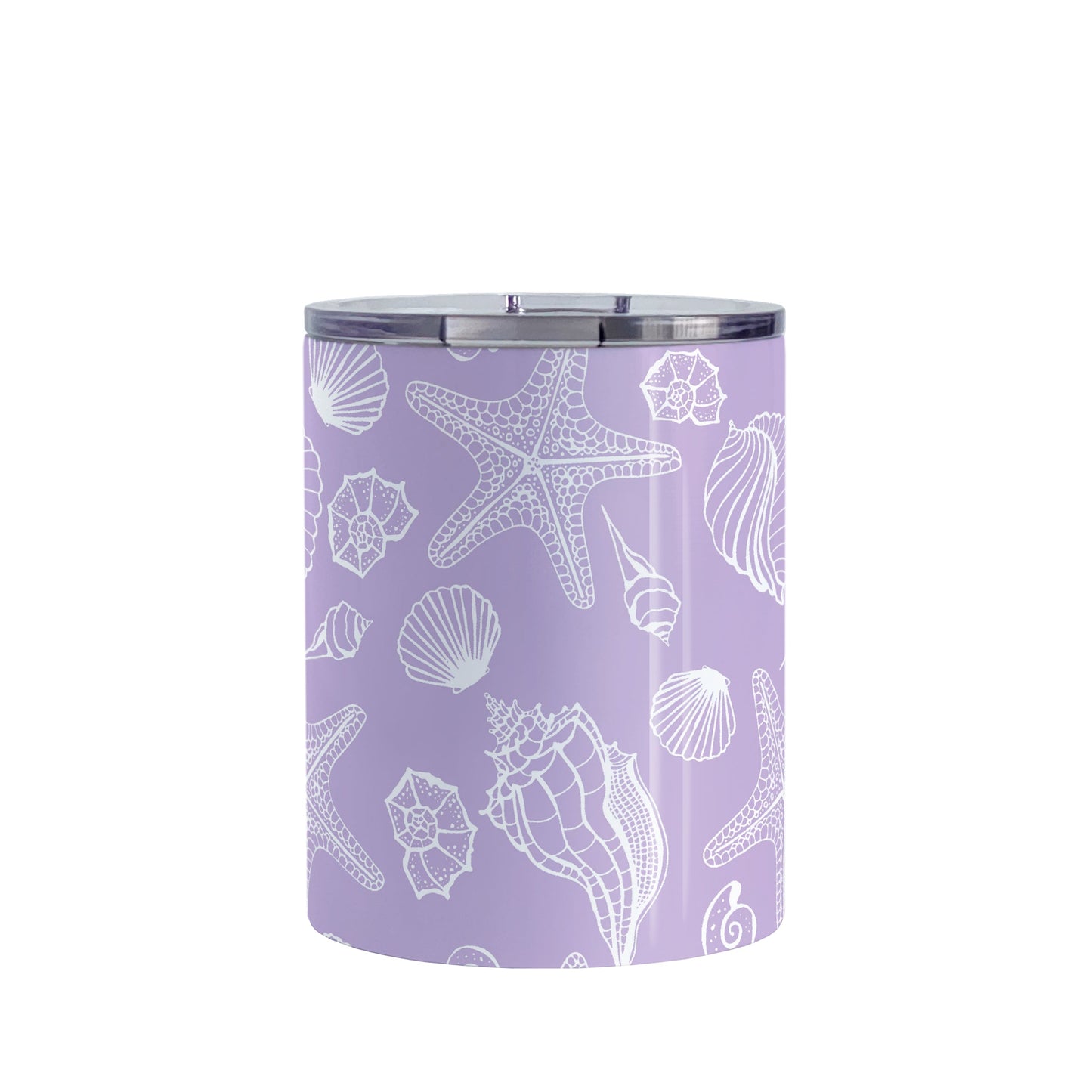 White Seashell Pattern Purple Beach Tumbler Cup (10oz, stainless steel insulated) at Amy's Coffee Mugs. A tumbler cup designed with a white seashell line drawing pattern over a purple background that wraps around the cup.