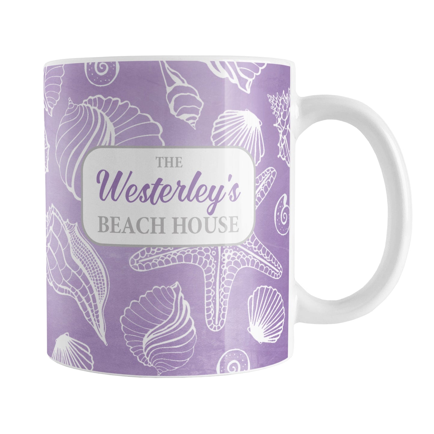 White Seashell Pattern Purple - Personalized Beach Mug (11oz) at Amy's Coffee Mugs