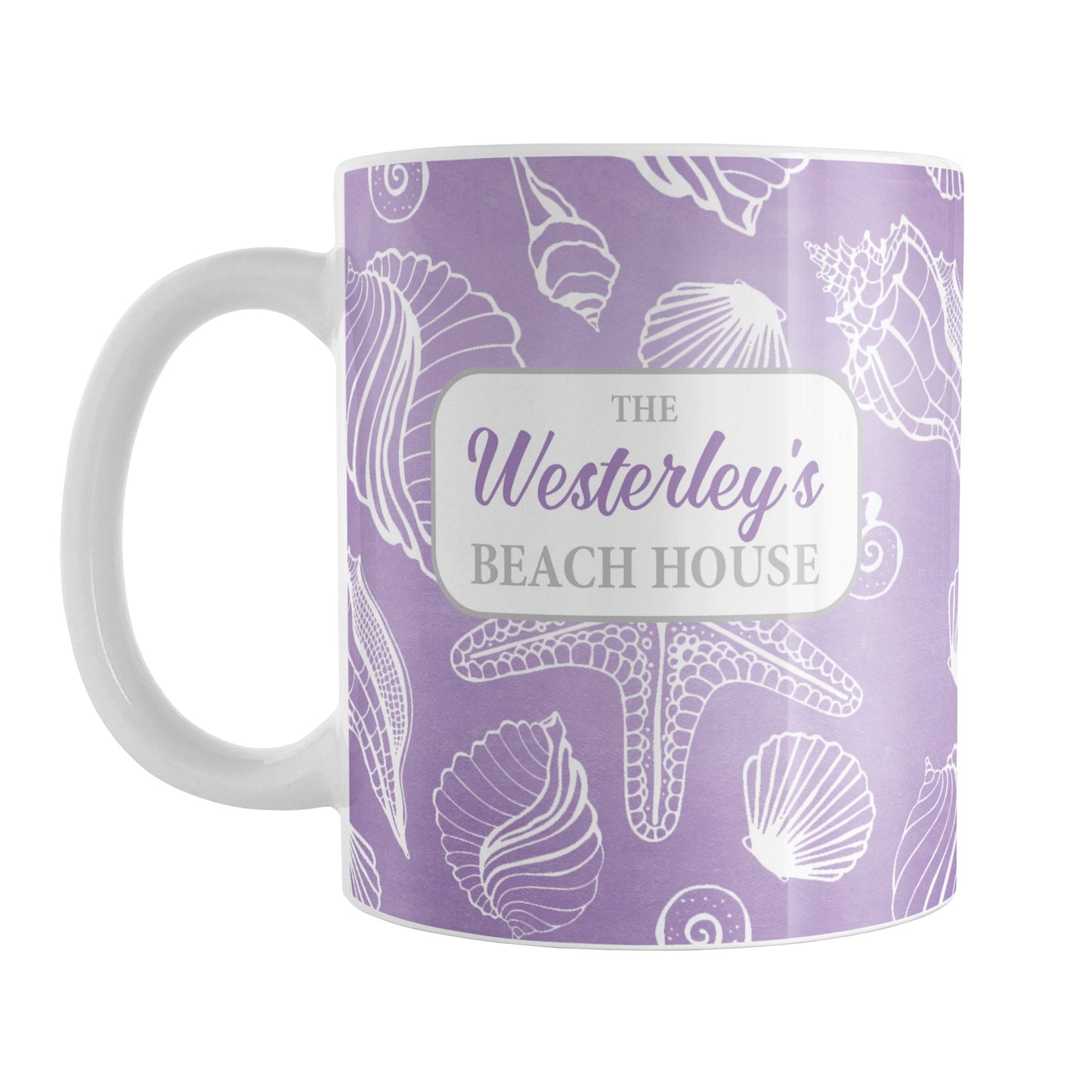 White Seashell Pattern Purple - Personalized Beach Mug (11oz) at Amy's Coffee Mugs