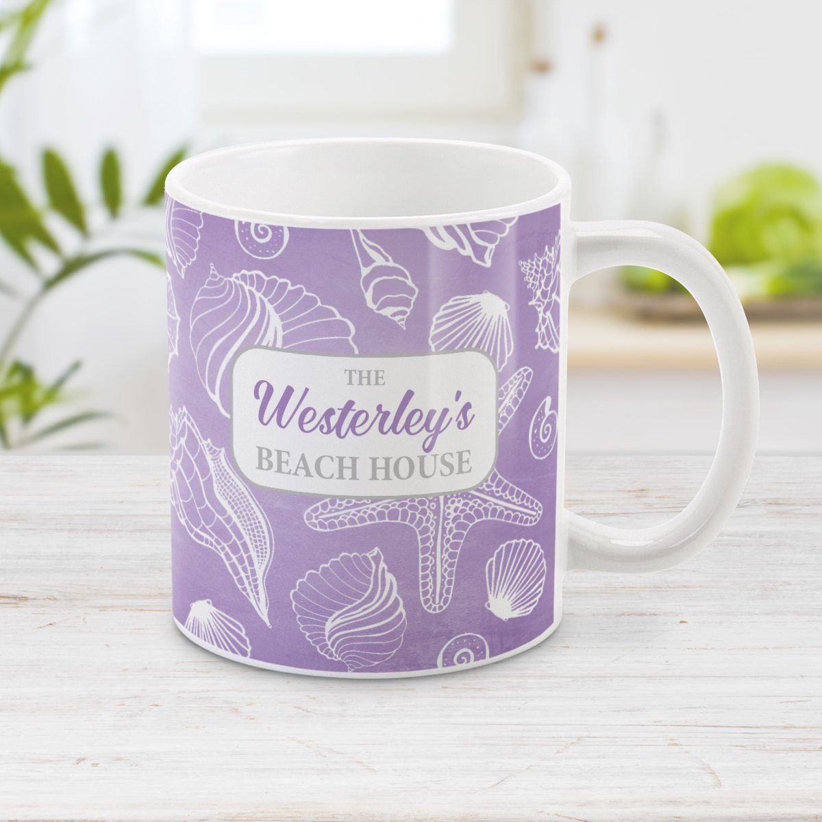 White Seashell Pattern Purple - Personalized Beach Mug at Amy's Coffee Mugs
