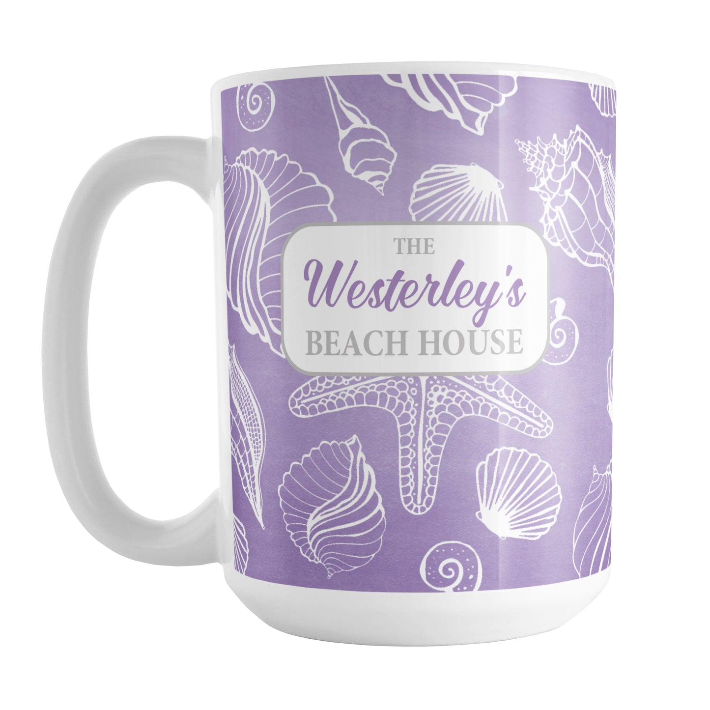 White Seashell Pattern Purple - Personalized Beach Mug (15oz) at Amy's Coffee Mugs