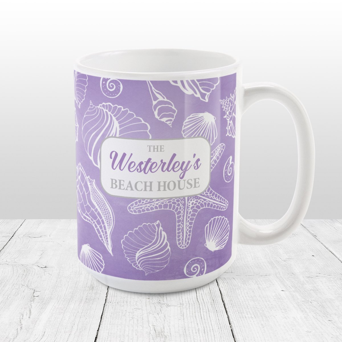 White Seashell Pattern Purple - Personalized Beach Mug at Amy's Coffee Mugs