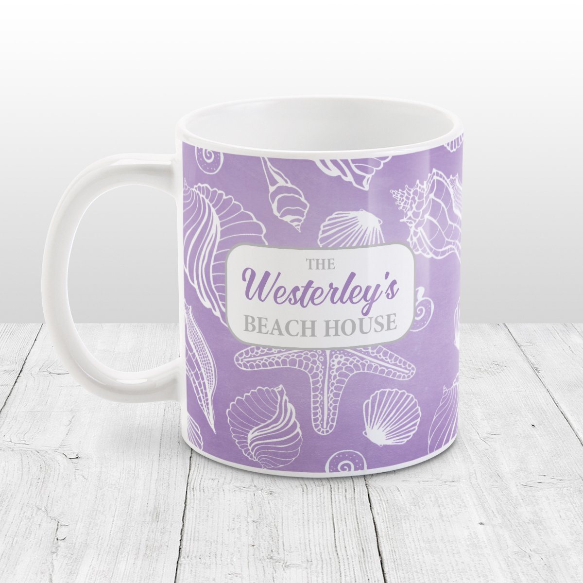 White Seashell Pattern Purple - Personalized Beach Mug at Amy's Coffee Mugs