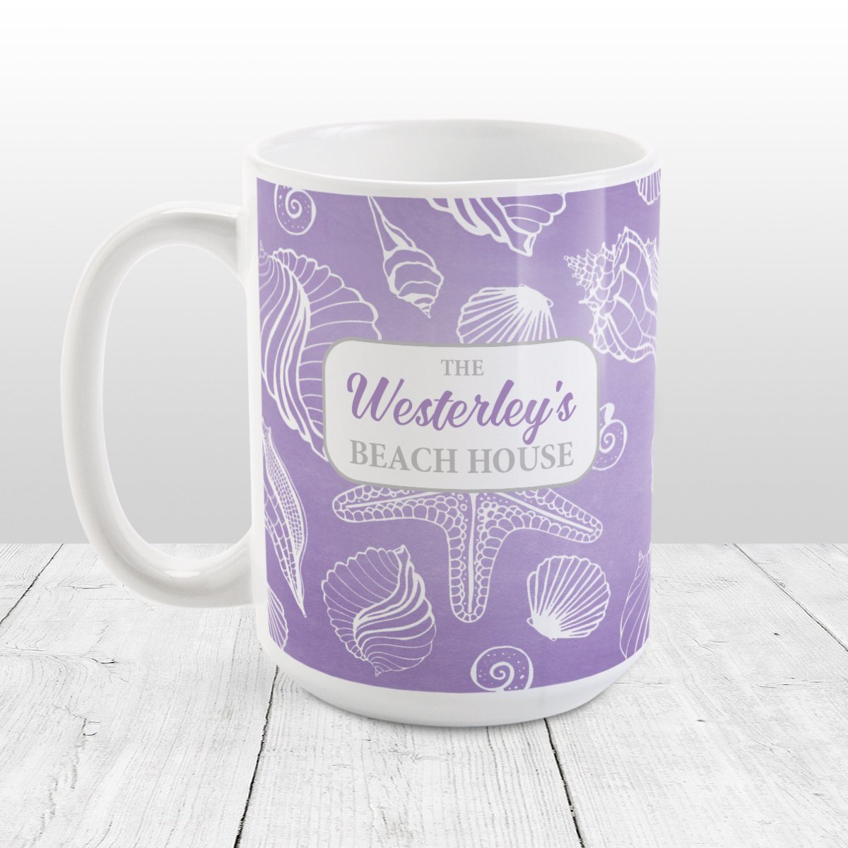 White Seashell Pattern Purple - Personalized Beach Mug at Amy's Coffee Mugs