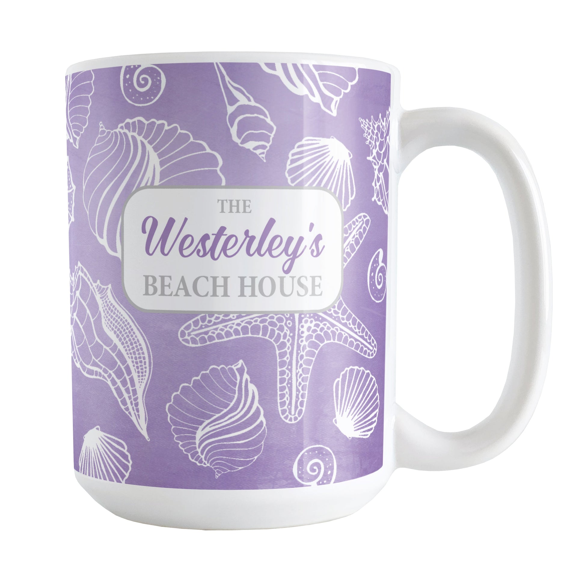 White Seashell Pattern Purple - Personalized Beach Mug (15oz) at Amy's Coffee Mugs