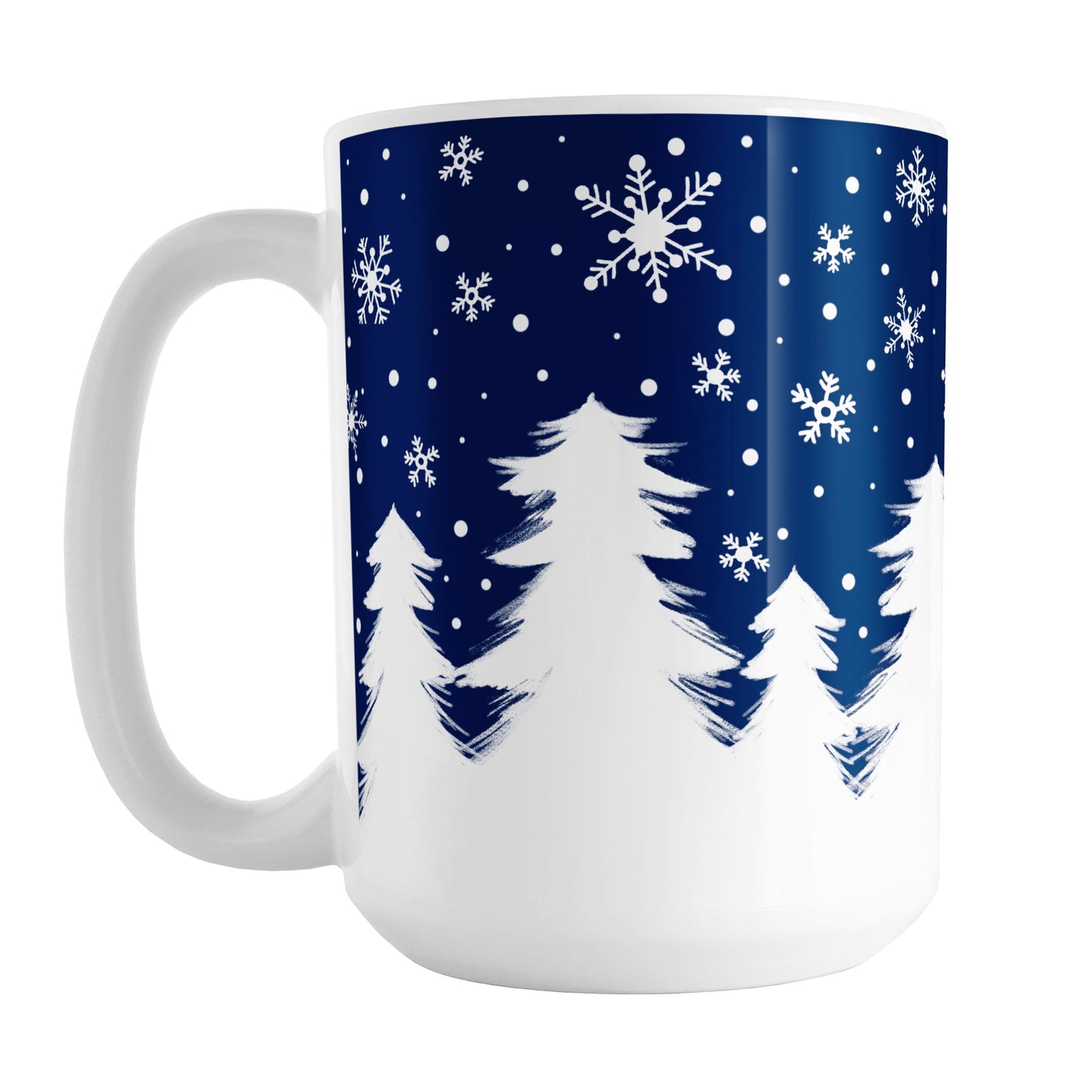 Winter Night Snow Mug (15oz) at Amy's Coffee Mugs. A ceramic coffee mug designed with an illustrated winter night snow treeline. The design features a navy blue sky is filled with white snowflakes over a row of white pine trees along the bottom.