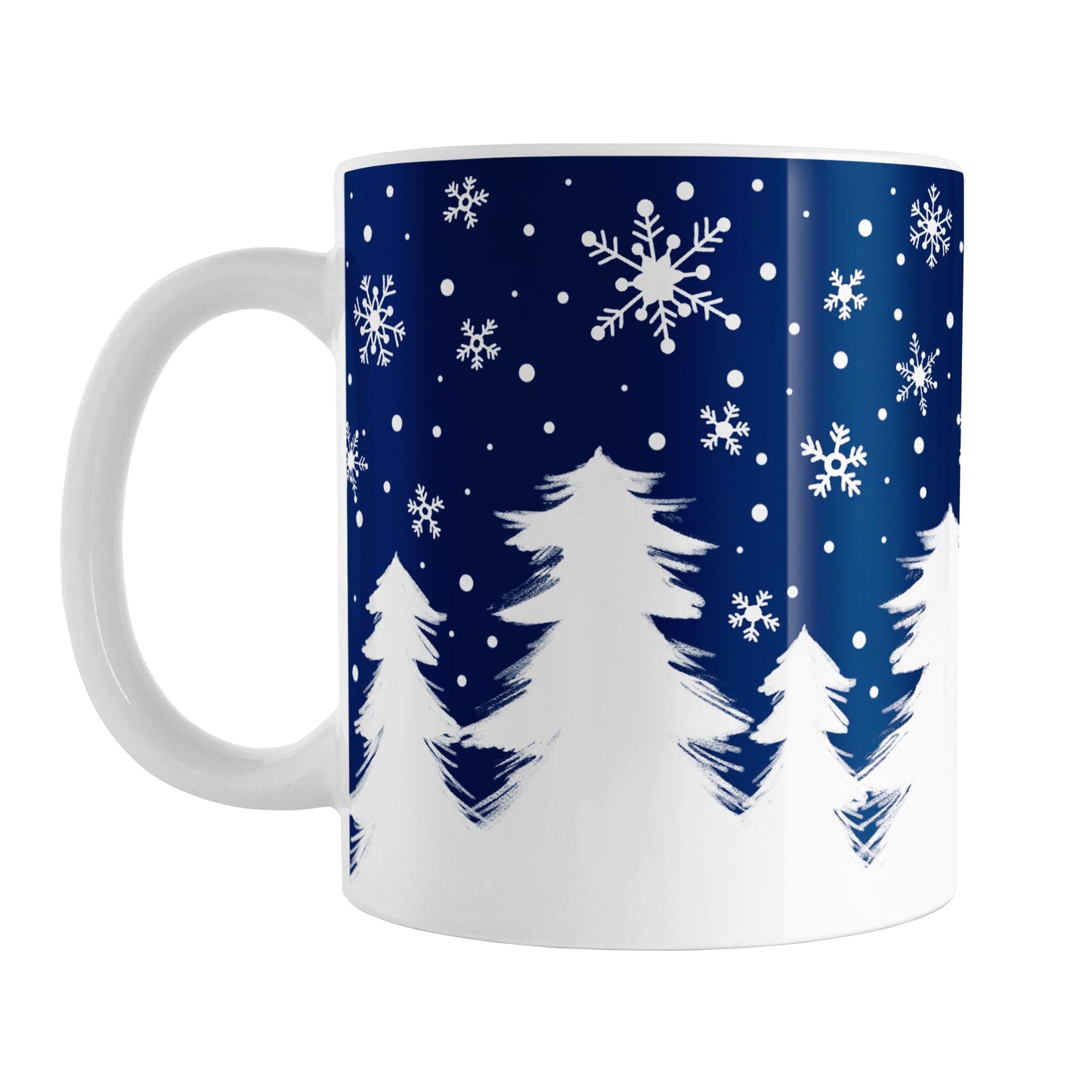 Winter Night Snow Mug (11oz) at Amy's Coffee Mugs. A ceramic coffee mug designed with an illustrated winter night snow treeline. The design features a navy blue sky is filled with white snowflakes over a row of white pine trees along the bottom.