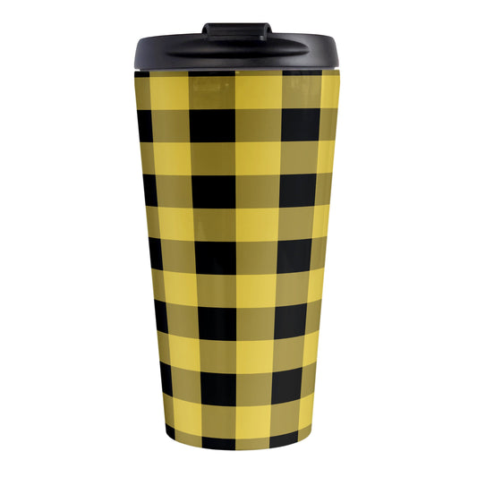 Yellow and Black Buffalo Plaid Travel Mug (15oz, stainless steel insulated) at Amy's Coffee Mugs