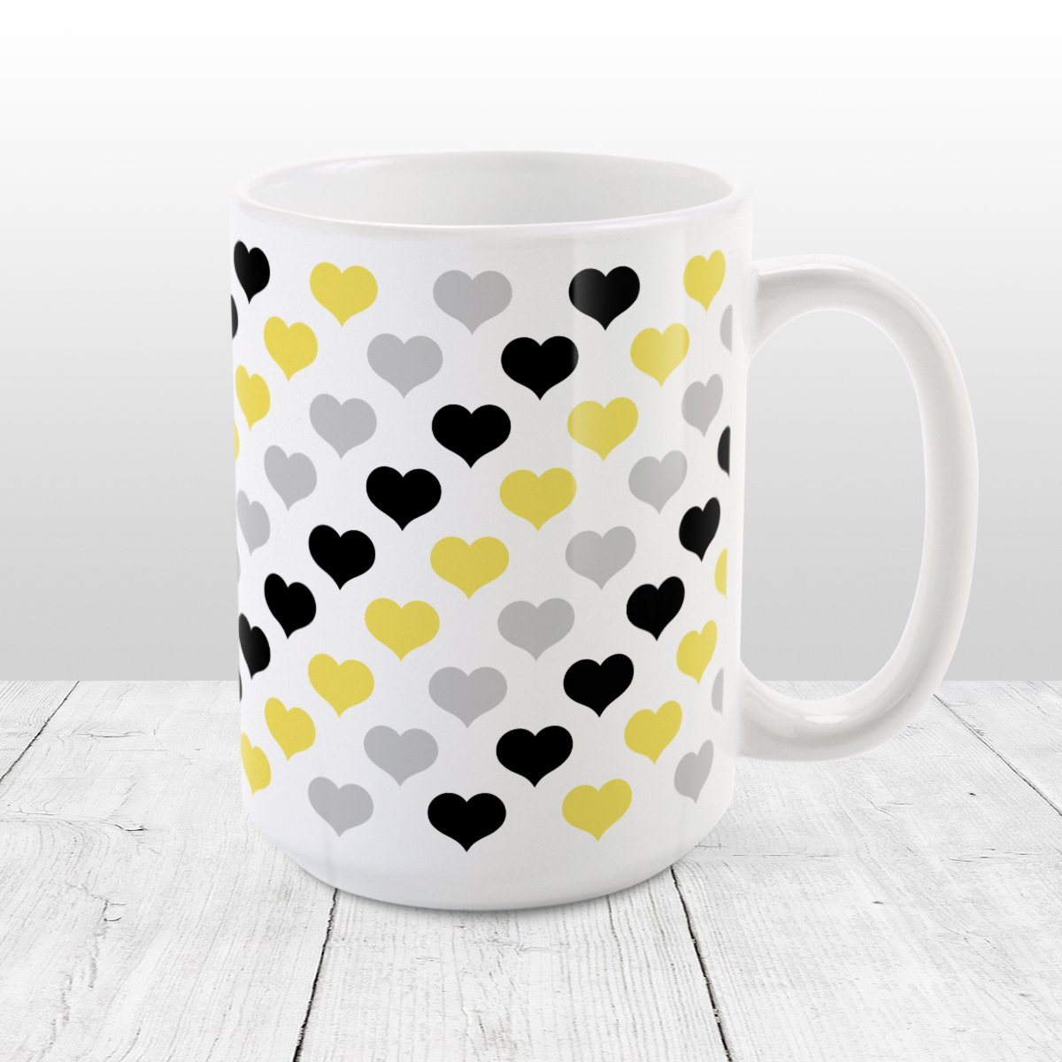 Yellow Black Gray Hearts Pattern Mug at Amy's Coffee Mugs